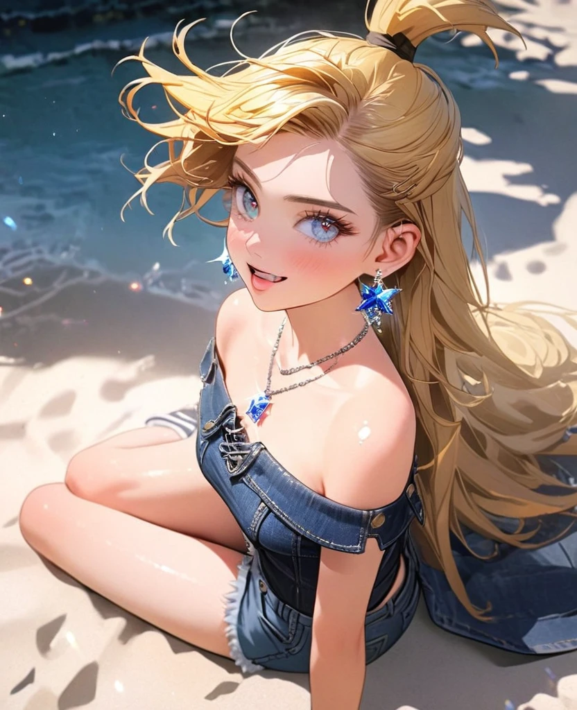 8K,gal,an extremely delicate and beautiful,Beautiful and realistic skin,Shiny jewel-like earrings,Shine like glitter vivid yellow hair,topknot,beautiful eyes,Fashion Model,full body,off-the-shoulder top,denim short shorts