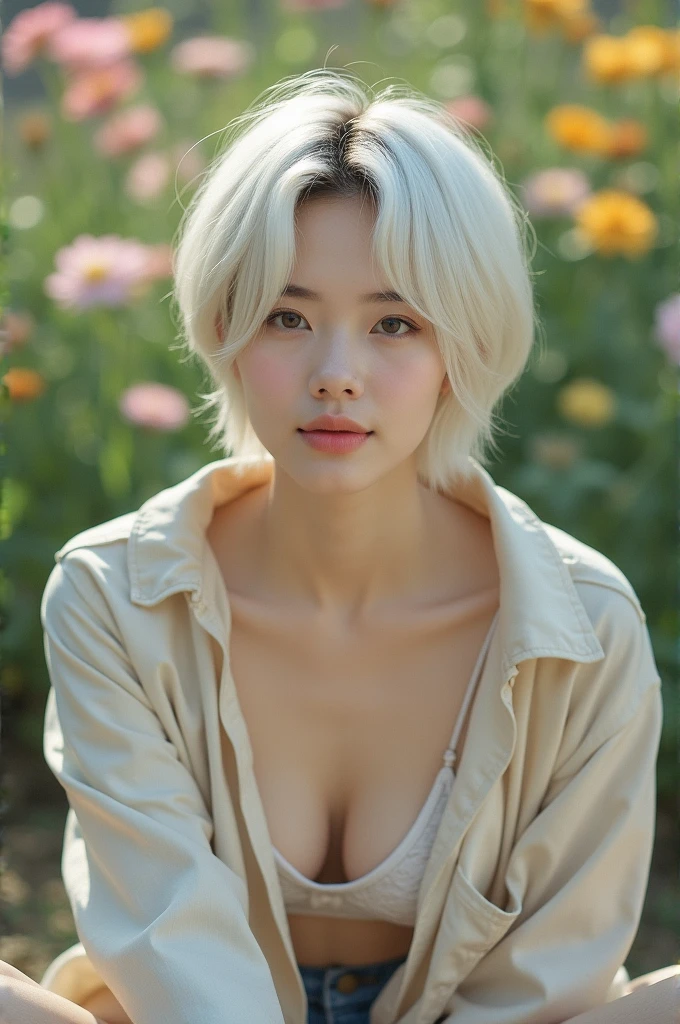 A Korean woman with short, white hair, a beautiful face showing her cleavage, wearing a casual outfit, (sitting) in a flower garden. Surrealistic , pastel tones, mid shot, dramatic light.