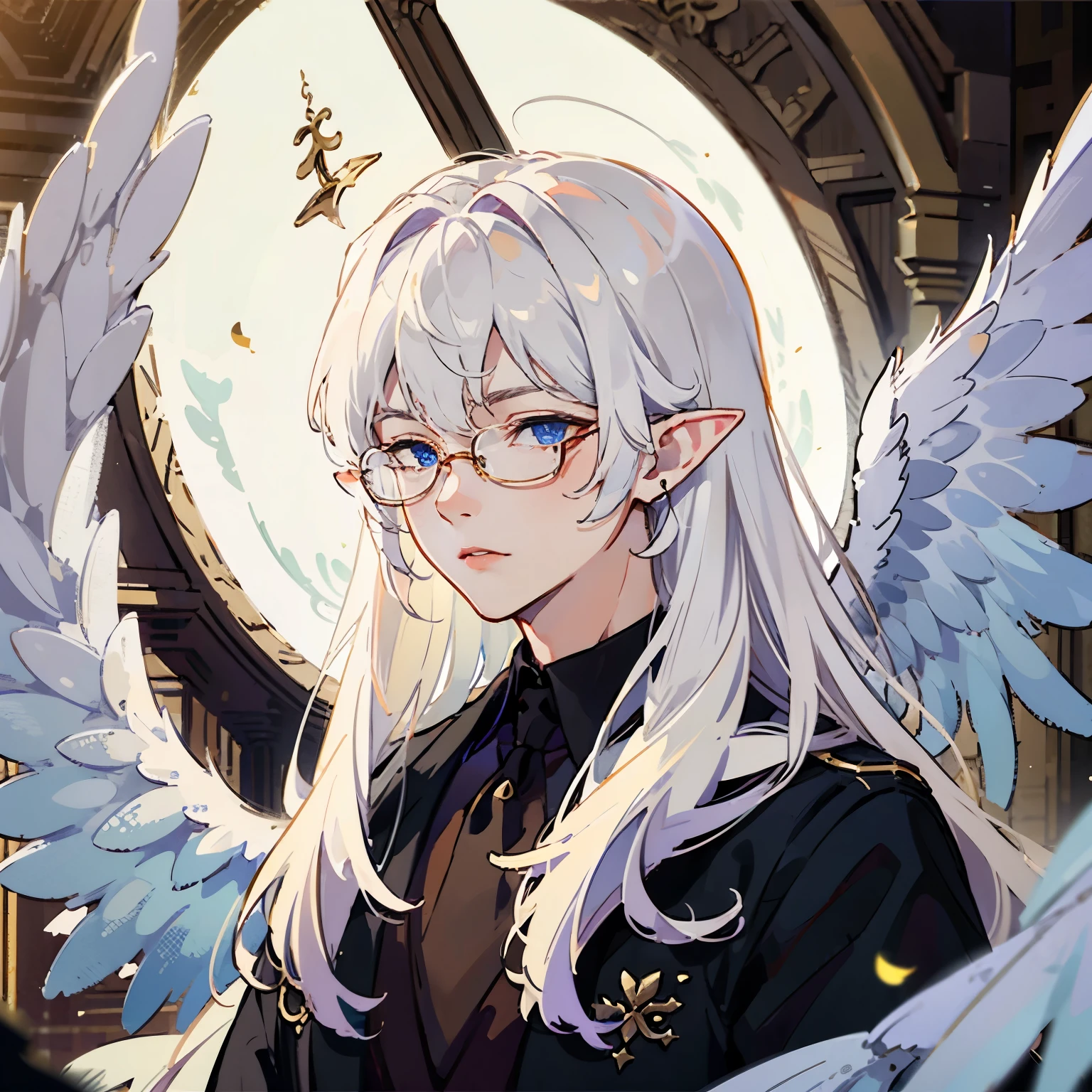 ((1boy)), white hair, very long hair, fluffy hair, sharp jawline, (masculine), elf ears, angel wings, (blue eyes), high quality, dramatic lighting, (((focus on face))), thin-frame glasses, (neutral expression), (fisheye), solo, ((looking to the side))