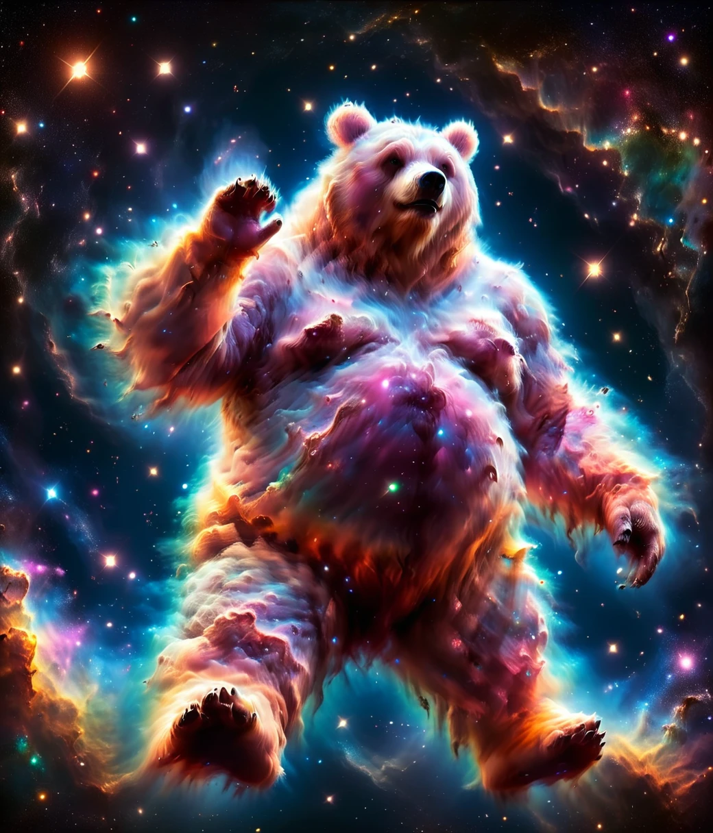 (cute, fat, obese, anthro, male, bear), floating in zero gravity, gaseous full body, nude, fat arms, fat legs, front view, smile, underwear, body mad-nbla, surrounded by colorful glowing light particles, detailxl