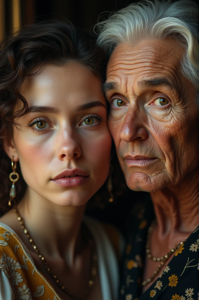 a old woman with her son stylish woman, elegant, beautiful detailed eyes, beautiful detailed lips, extremely detailed face, intricate details, 1 woman, high quality, photorealistic, cinematic lighting, warm color tones, detailed skin texture, detailed clothing, detailed jewelry, detailed background, masterpiece, 8k