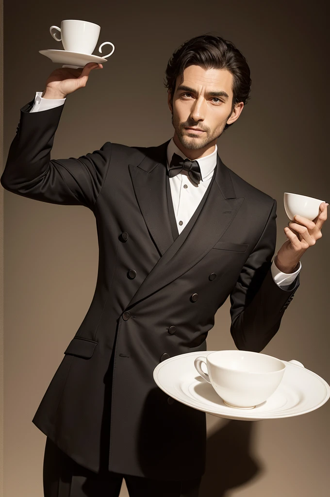 Design of a man seen from the front, holding a cup on top of a saucer, the cup is upside down, and the man presents the cup