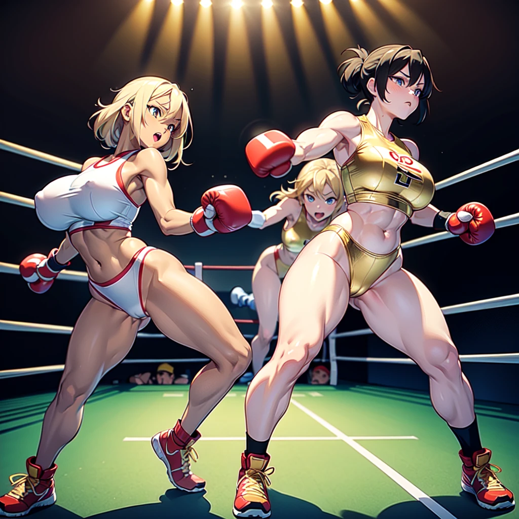 Good human art , Pixel Boxing style , Fullbody drawing , Fisting each other , NSFW , oversized oppai , boxing rings , Wear large boxing gloves In both hands ,Wear It is embroidered in gold Highleg athletic outfit, Celeblity.