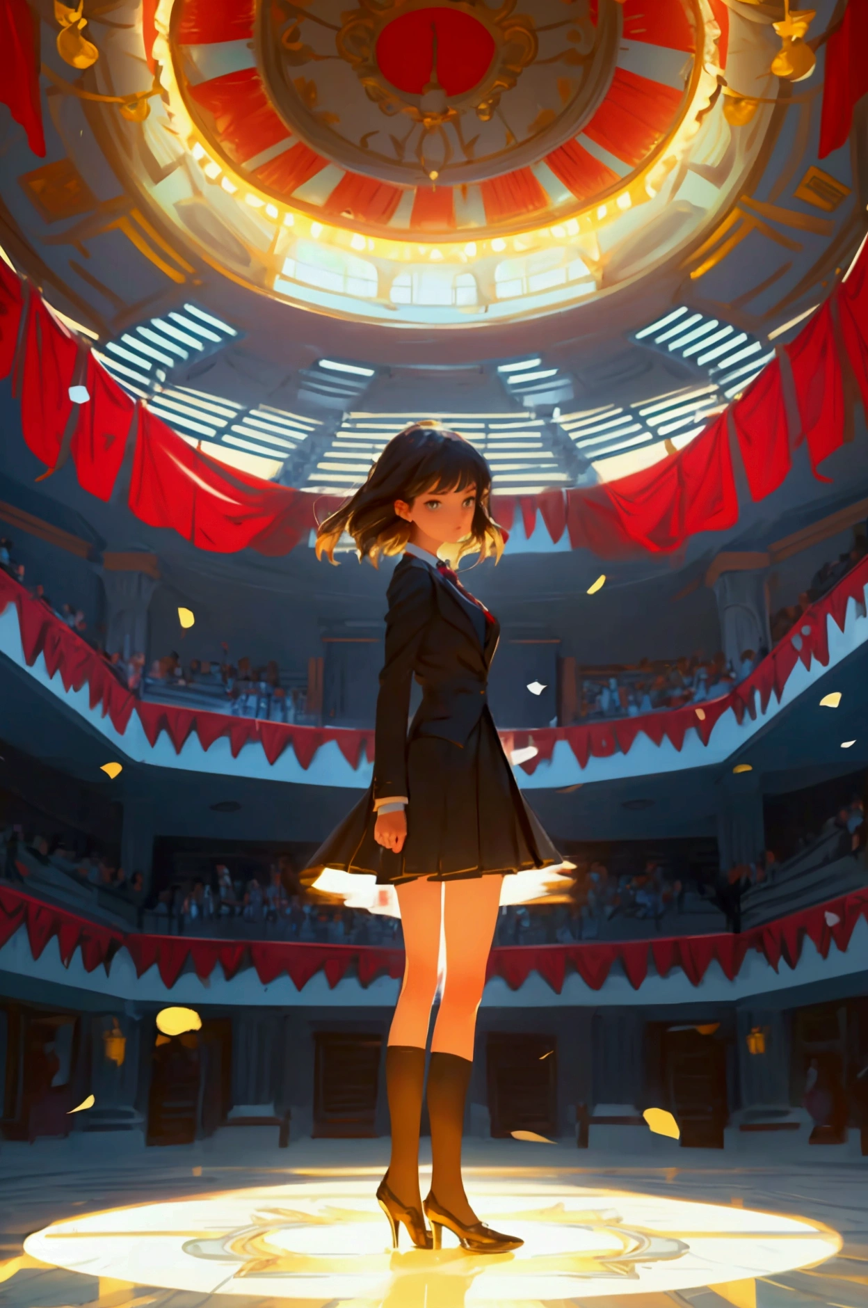 Create a beautifully detailed image featuring a cute girl in a pedestal. The girl should be wearing a suit and standing in a confident pose. The background should remain a grand hall with spectators, an American flag, and framed paintings on the walls. The overall theme and style of the image should be preserved exactly, maintaining the artistic style, rich details, and warm lighting