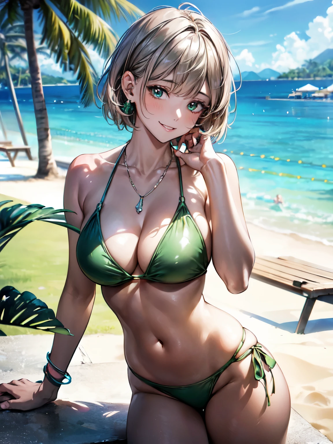 8K, (masterpiece, best quality:1.3), ((bokeh)), (short focus lens:1.4), Anime CG style, Japanese, 1 lady, medium shot, (face light), cinematic lighting, sharp focus, (Left to Right Balance), beautiful eyes, (Perfect Hands,Perfect Fingers,Perfect Limbs,Perfect Body,Correct Human Body,Perfect Image Realism,Perfect Anatomy),
(shiny skin, detailed skin),
light brown hair, short hair, bob cut hairstyle: 1.3, light brown eyes,
(green holter bikini top), (green bikini bottom), (beach shirts:1.2)
standing on a poolside, photorealistic, high detail, soft lighting, summer vibes, Luxurious hotel poolside background, clear sky, detailed fabric texture, smiling, natural pose
(Silver chain necklace, piercings, silver bracelet),
milf, big hips, attractive thighs, (smile), fitness trainer, focused and professional,
(beautiful scenery), Luxurious hotel poolside, crystal clear water, infinity pool, panoramic ocean view, elegant lounge chairs, tropical palm trees, high-end resort atmosphere, soft ambient lighting, photorealistic, high detail, wide-angle shot, cinematic style,