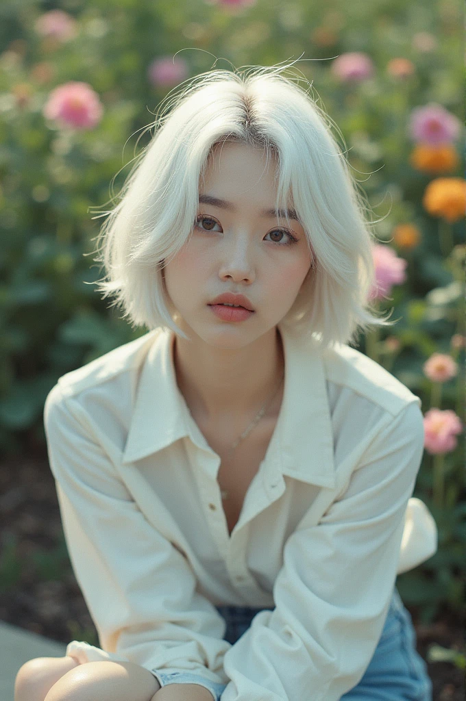 Short-haired, white-haired Korean woman, beautiful face, wearing casual clothes, sitting in a flower garden. Surrealistic portrait, pastel tones, mid shot, dramatic light.