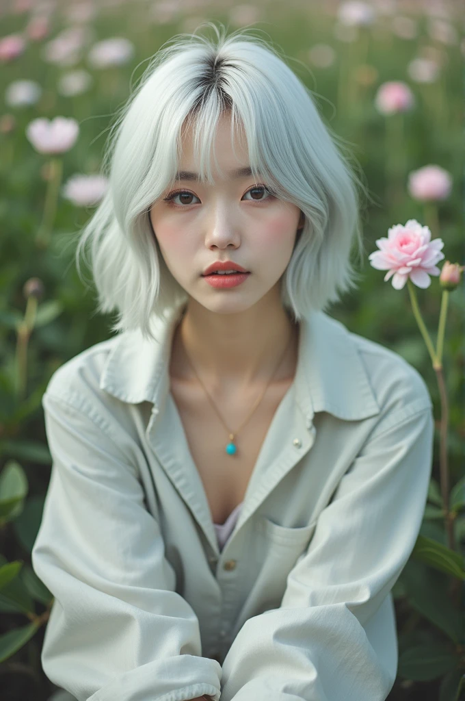 Short-haired, white-haired Korean woman, beautiful face, wearing casual clothes, sitting in a flower garden. Surrealistic portrait, pastel tones, mid shot, dramatic light.
