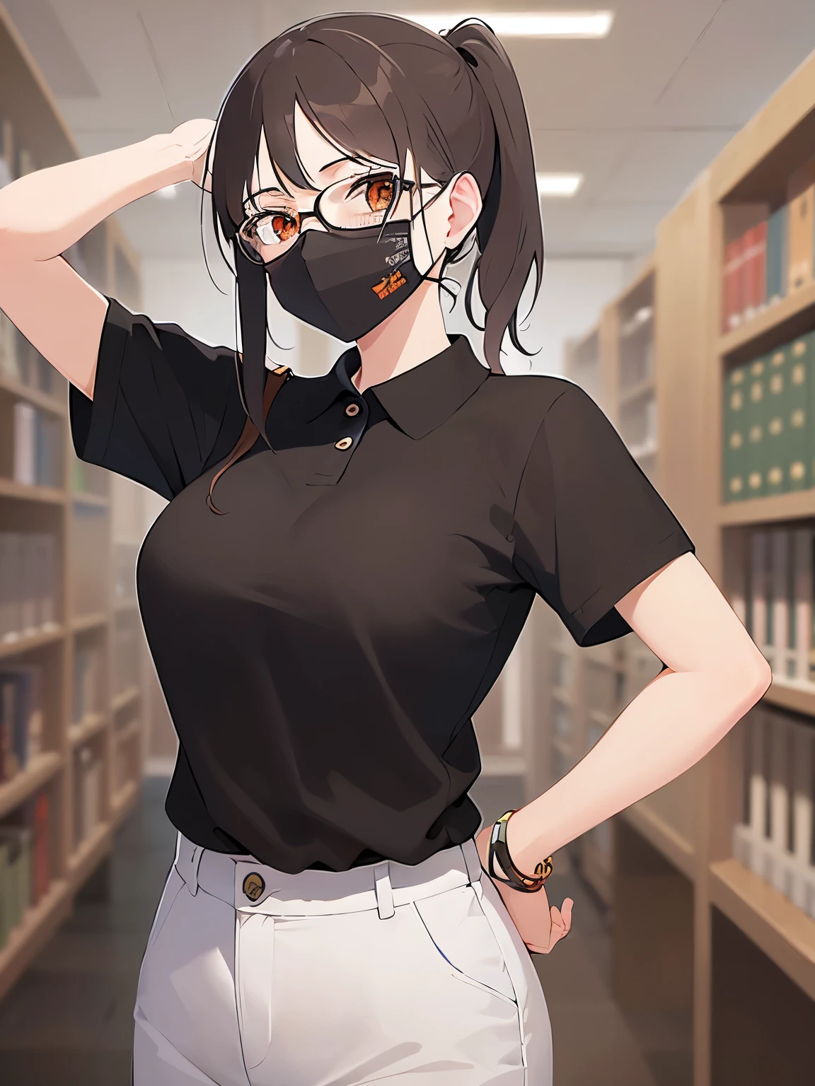 plastic frame eyewear、(black mouth mask:1.1), masterpiece、Highest quality、 ,BREAK (25-year-old woman) and (brown hair) and (low ponytail) and (orange eyes) BREAK、black polo shirt、Are standing、The background is the office、The upper body is shown、Alone、