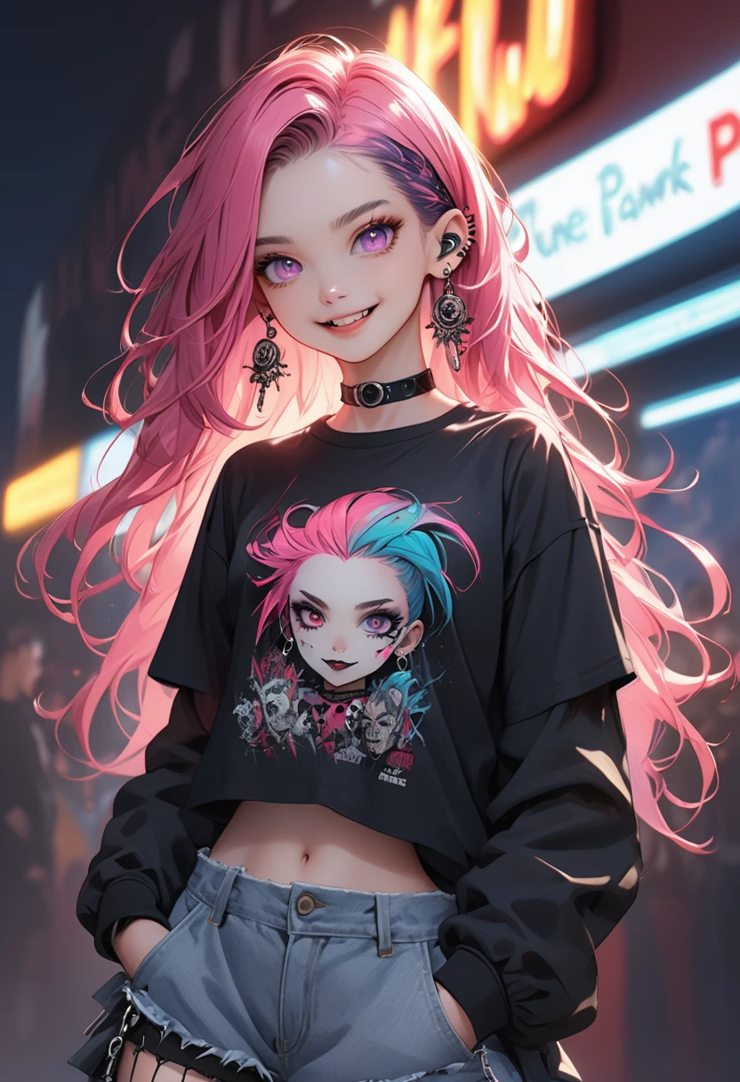 (Absurd), 8k, ((masterpiece)), (Extremely detailed:1.2), alone, One girl, (Perfect Face), Portraiture, Expressive eyes, Are standing, (pretty girl), (Vibrant pose), Perfect hands, Glowing Skin, (Friendly), Excited, punk, Long Hair, (Multicolored Hair), Black choker, Black lipstick, Earrings, Ear Earrings, Lip Earrings, (Small breasts), smile, Streetwear, Perfect Anatomy, (Put your hands in your pockets), (Graphic T-skirt), Anatomically correct, Cowboy Shot, (In front of the cinema),