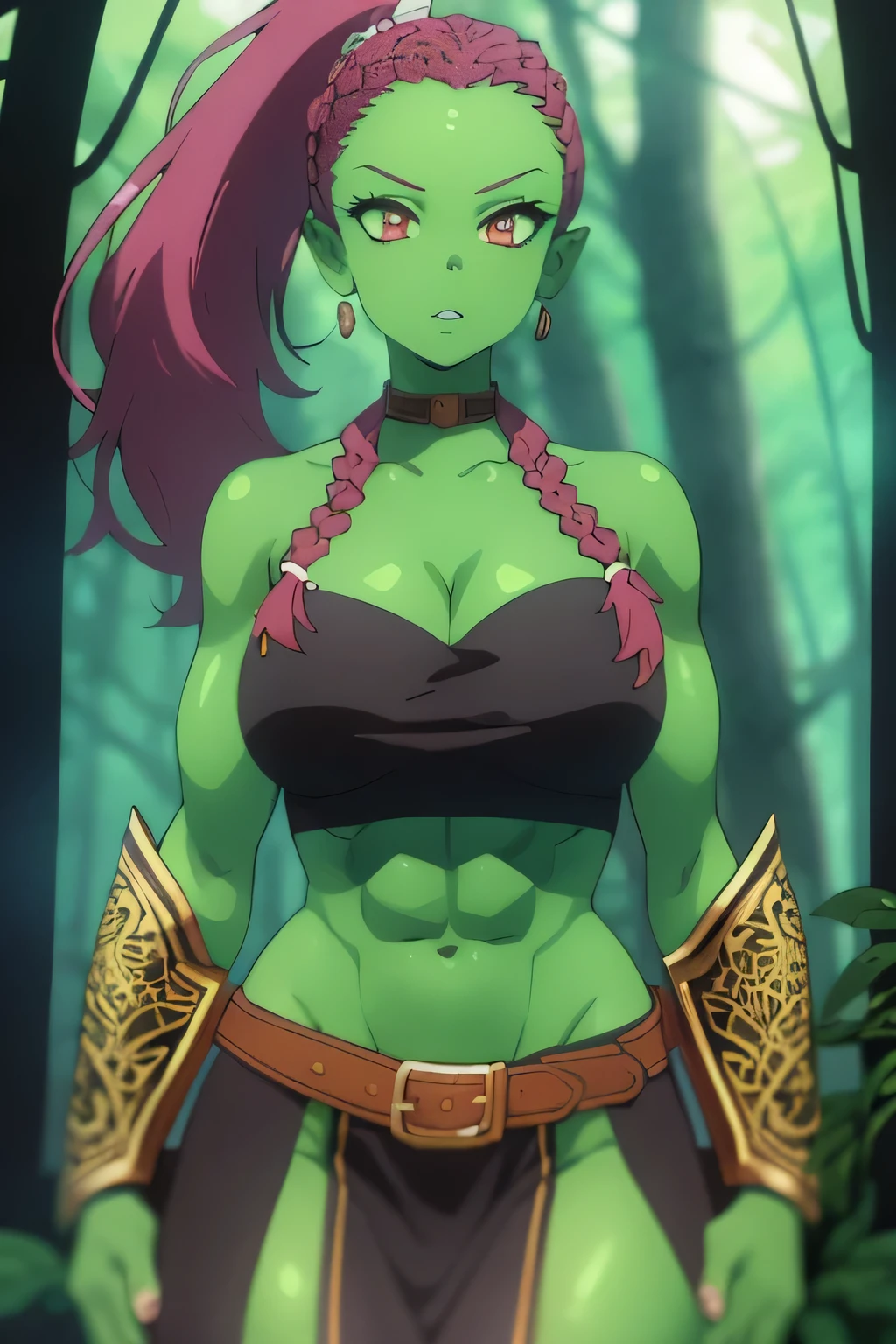 photo of beautiful Orc, RAW, beautiful woman, (portrait), (detailed anime face:1.2), (detailed green skin, dark green makeup, smooth green skin: 1.22), (Long dark braided ponytail: 1.4), (perfect proportioned body, Strong, muscular, narrow waist, narrow hips, skinny, medium breasts), (she wears cropped leather armor, leather skirt), (detailed dark Forest, giant trees), (realistic photo, best quality, detailed), (8k wallpaper), (cinematic lighting, beautiful light, (day:1.3)) (sharp focus, intricate)