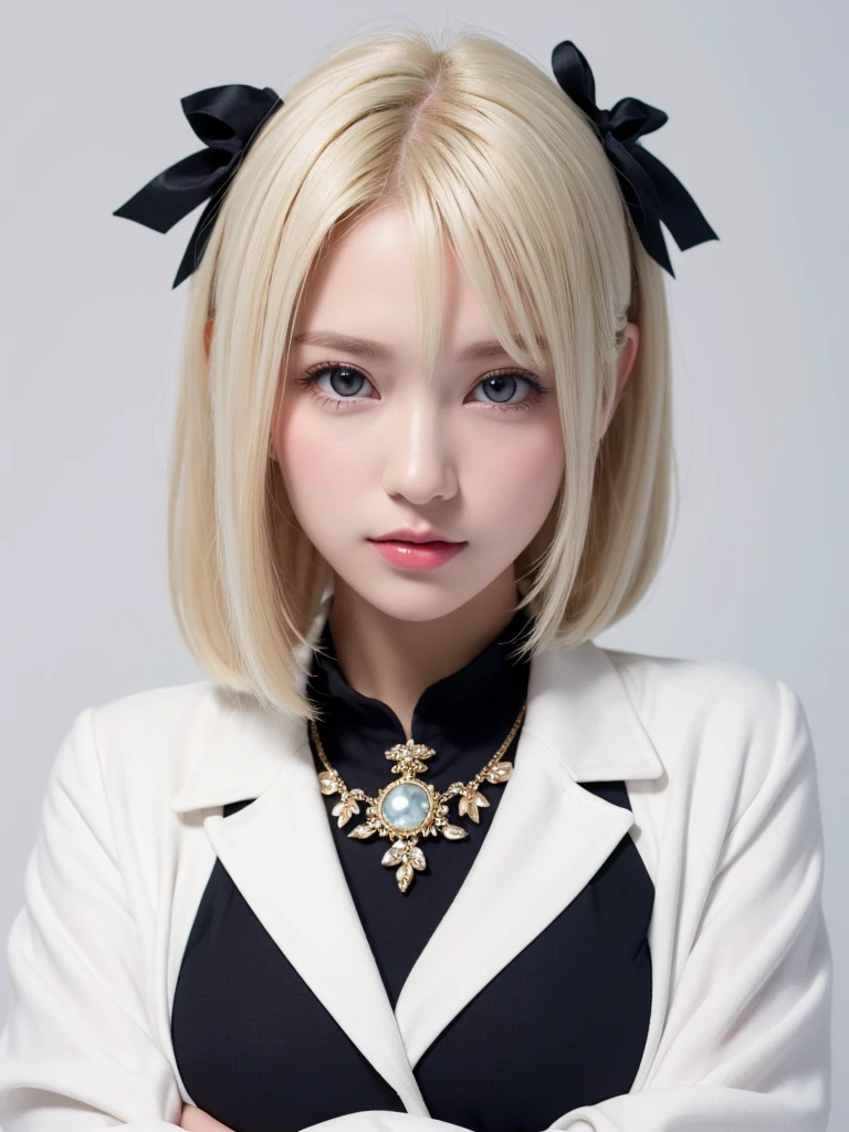 (((amount、White blonde Hair、Northern Europe、White、beautiful girl、blonde、White Background、Open jacket、Lenders )))、Tabletop, Highest quality, shape, Very detailed, finely, High resolution, 8k wallpaper, Perfect dynamic composition, finelyて美しい目, Deco Out,blonde, Medium Hair, Big Breasts, Natural color lip,White Background, Random cute poses,Frill dress