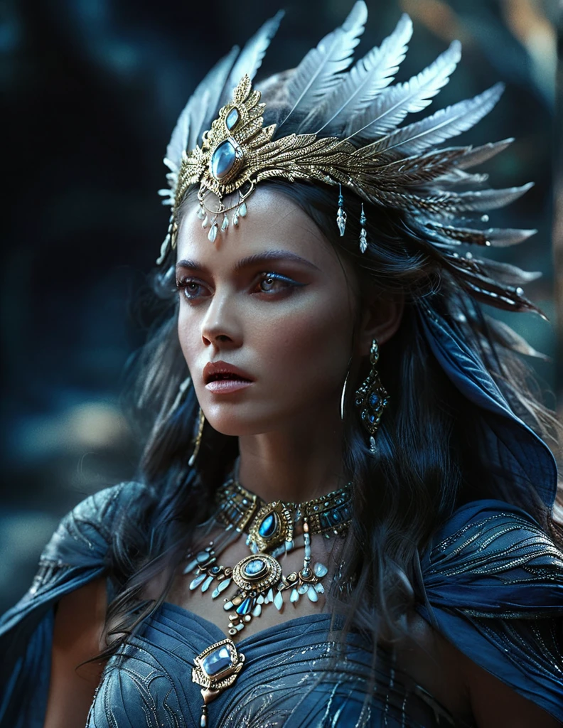 mystical female protagonist, intricate fantasy dress, glowing ethereal aura, detailed ornate headpiece, sweeping dramatic cape, enchanting eyes, porcelain skin, flowing hair, serene expression, dark moody lighting, cinematic dramatic atmosphere, vibrant jewel-toned colors, creative whimsical concept art, (best quality,4k,8k,highres,masterpiece:1.2),ultra-detailed,(realistic,photorealistic,photo-realistic:1.37)