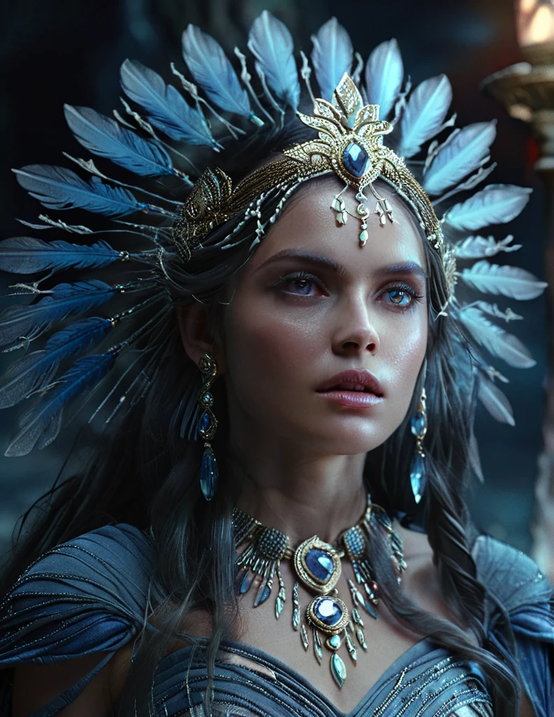 mystical female protagonist, intricate fantasy dress, glowing ethereal aura, detailed ornate headpiece, sweeping dramatic cape, enchanting eyes, porcelain skin, flowing hair, serene expression, dark moody lighting, cinematic dramatic atmosphere, vibrant jewel-toned colors, creative whimsical concept art, (best quality,4k,8k,highres,masterpiece:1.2),ultra-detailed,(realistic,photorealistic,photo-realistic:1.37)