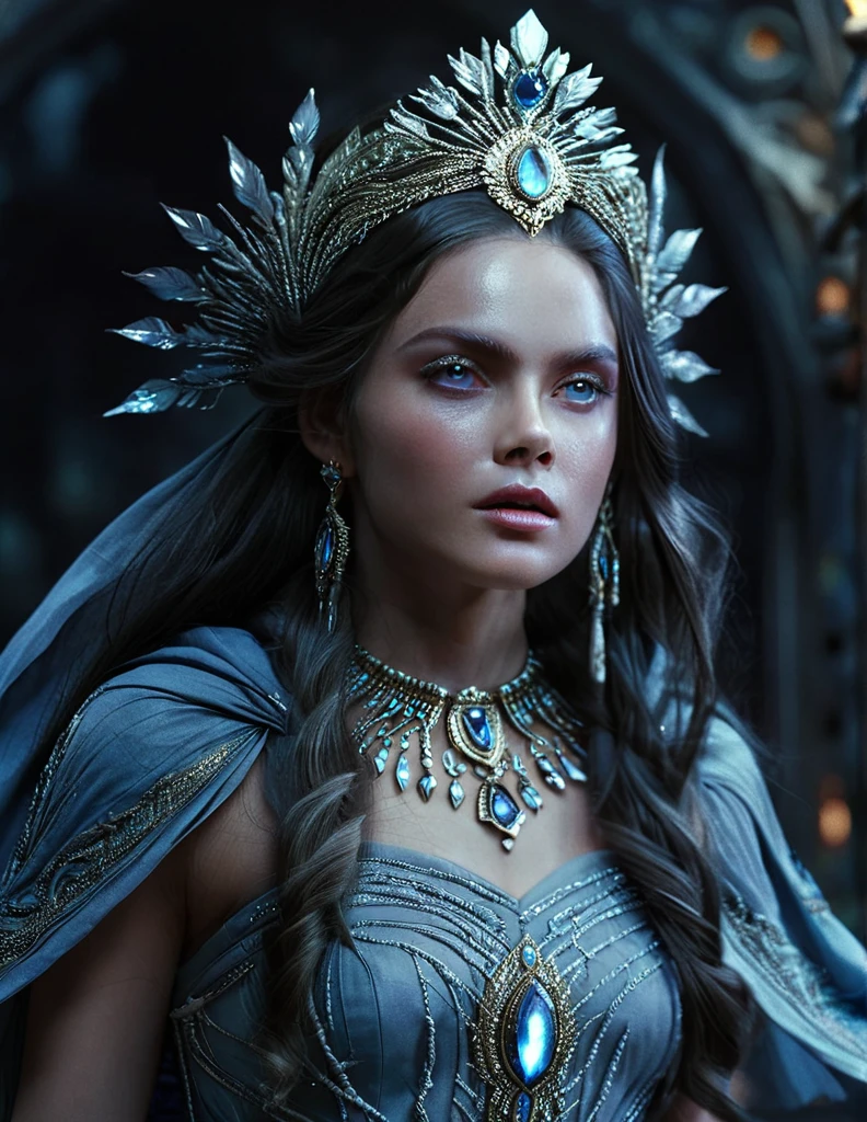 mystical female protagonist, intricate fantasy dress, glowing ethereal aura, detailed ornate headpiece, sweeping dramatic cape, enchanting eyes, porcelain skin, flowing hair, serene expression, dark moody lighting, cinematic dramatic atmosphere, vibrant jewel-toned colors, creative whimsical concept art, (best quality,4k,8k,highres,masterpiece:1.2),ultra-detailed,(realistic,photorealistic,photo-realistic:1.37)