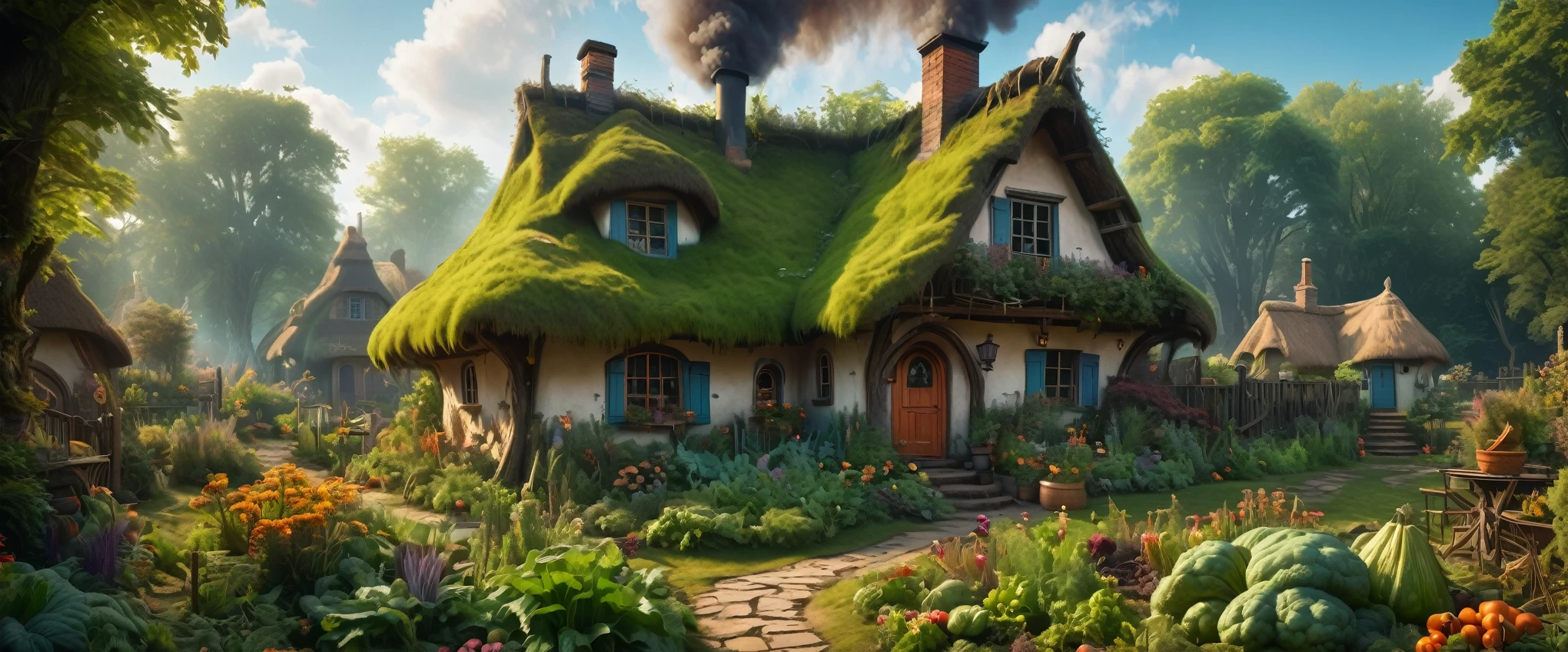 Cozy witch cottage deep in the fantasy forest, Comes with a thatched roof, Thick smoke billowed from the chimney, and a giant, wonderfully well-tended vegetable garden,Style similar to john constable Surreal, 8K, bright colors, Clear and sharp images, wide angle full shot