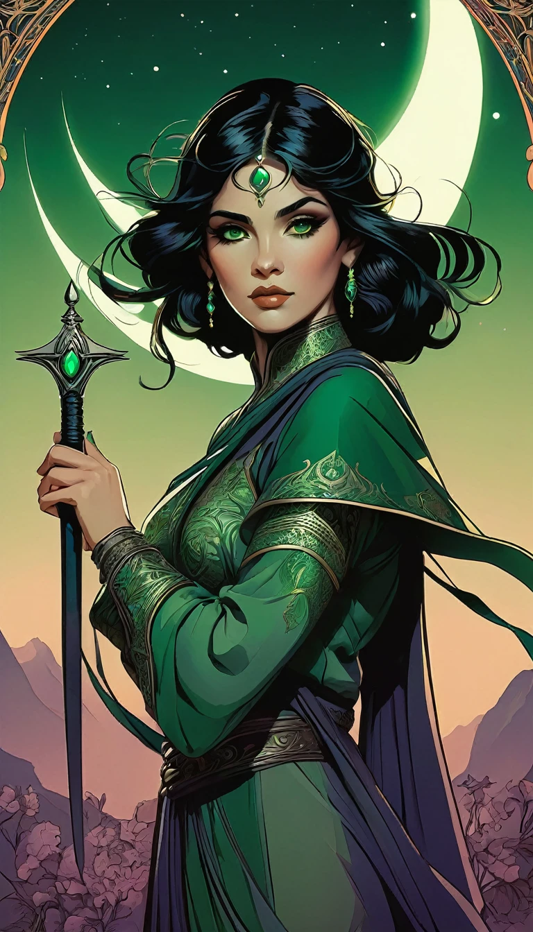 mysterious border, light skinned desi young adult woman in rogue clothing with short black hair and green eyes, she is holding a black dagger, she is standing in front of a black moon with a background of darkness, good anatomy, dynamic pose, good proportions, modern style, vector, highly detailed, intricate, masterpiece, realistic, professional, Dark Fantasy, d&d,(centered), (well framed), vector-art, gradient color, detailed, realistic, professional art masterpiece, (Art Nouveau), Illustration by Alphonse Mucha, (vector-art:1.1) Negative prompt