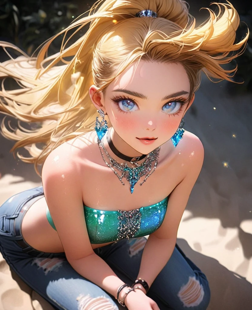 8K,gal,an extremely delicate and beautiful,Beautiful and realistic skin,Shiny jewel-like earrings,Shine like glitter neon yellow hair,topknot,beautiful eyes,Fashion Model,full body,bandeau top,denim short shorts