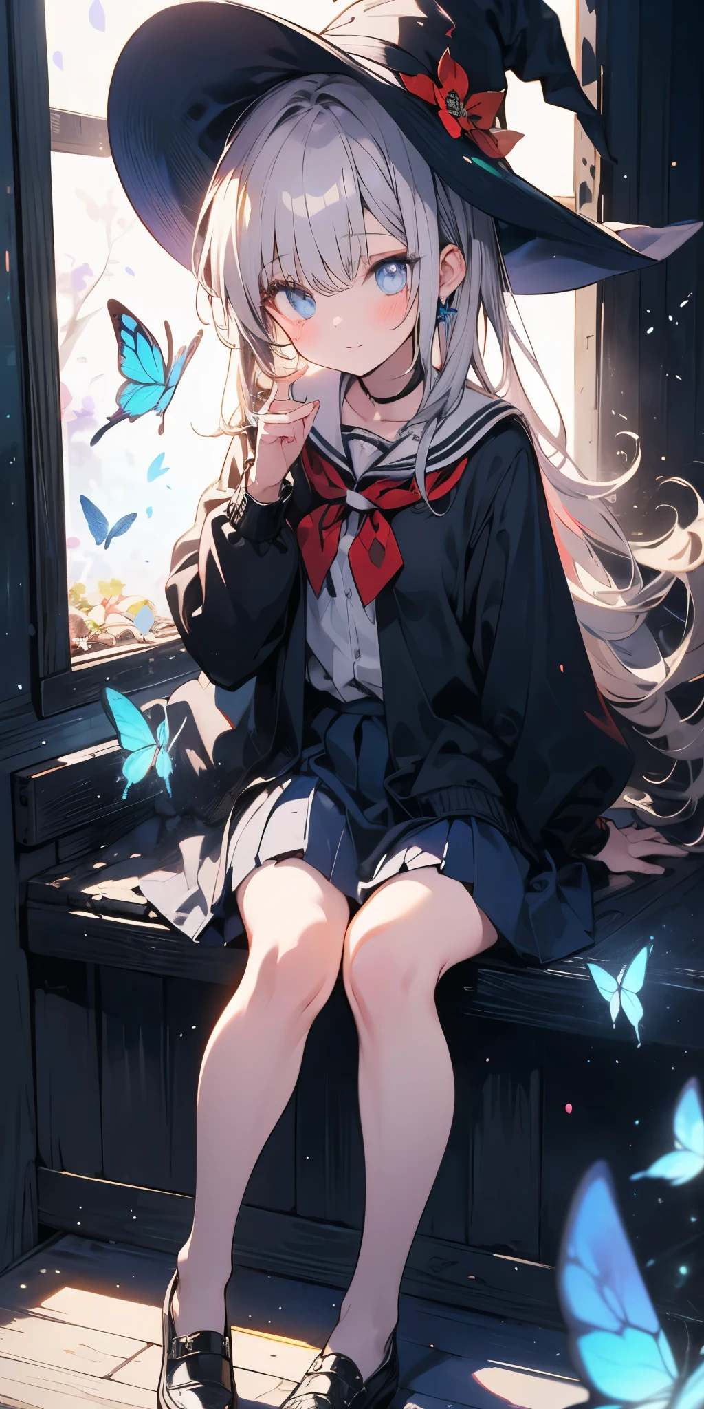 schoolgirl，witch，witchの帽子，Blue colored eyes、butterfly、flower，Short skirt，magic，Particle FX，The light from the window behind is backlit.，sat on the ground、Colored Glass、Complementary Color，Complex background，Best Quality，8k，Masterpiece: Faces are the focus