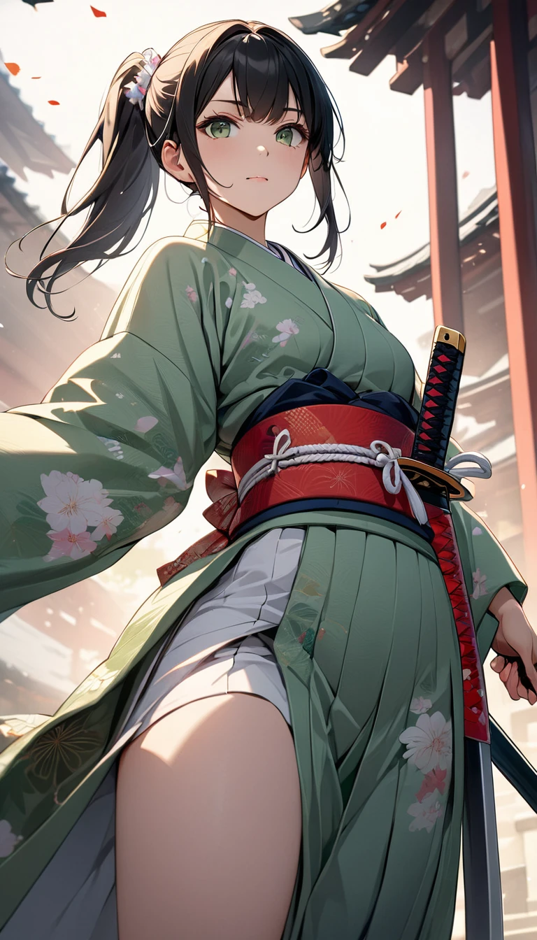 (((Best quality, 8k, Masterpiece: 1.3)), (detailed), perfect face, high resolution, Textured skin, anime style, Girl Samurai, 15 year old girl, black hair, side ponytail, A Japanese sword in its sheath, Kimono, light green Japanese clothing, from below