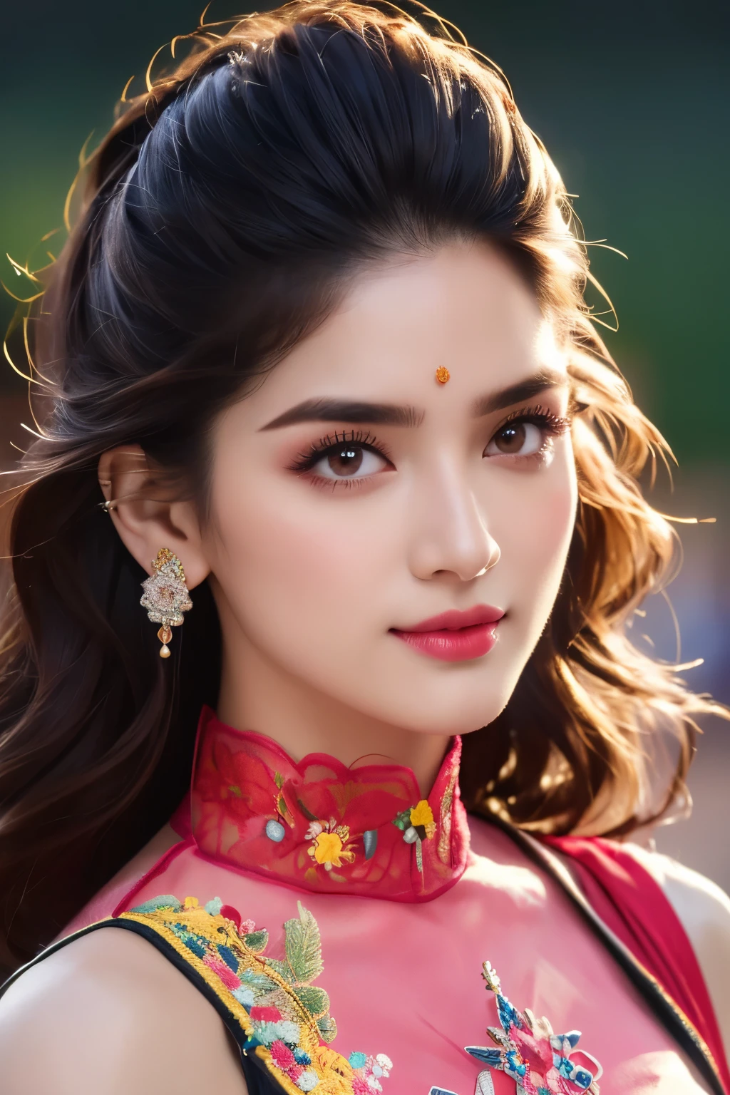 score_9, score8_up,(absurd quality,16k,highres,masterpiece), ultra details,UHD,(photorealistic Realism 16K Quality), (1 Indian woman, 22-year-old), wearing glasses, thigh highs, (super quality details, realistic texture: skin, hair), ((the most absurd quality perfect eyes)), (natural super beautiful cute sharp-face), (light pale complexion), ((clear and sharp perfect round realistic brown_eyes)), finely detailed pupils, detailed lips:1.3, BREAK, ((Fujicolor, daytime soft lighting), detailed perfect symmetrical face, detailed sharp nose, detailed glossy lips, detailed white teeth, fashion supermodel, (curly heban hair (slicked to the one side) Intricately detailed), BREAK, (pink_makeup), BREAK, ((Classic and sexy designer dress, laced and embroidery design, bright colours,red and yellow combination), seductive pose, Detailed blue decoration, BREAK, (Fitted clothing), dynamic pose, ((looking at the viewer)), (no decorations in the hair), (dark shot:1.2), (firm normal full breasts),((vibarant and colourful),