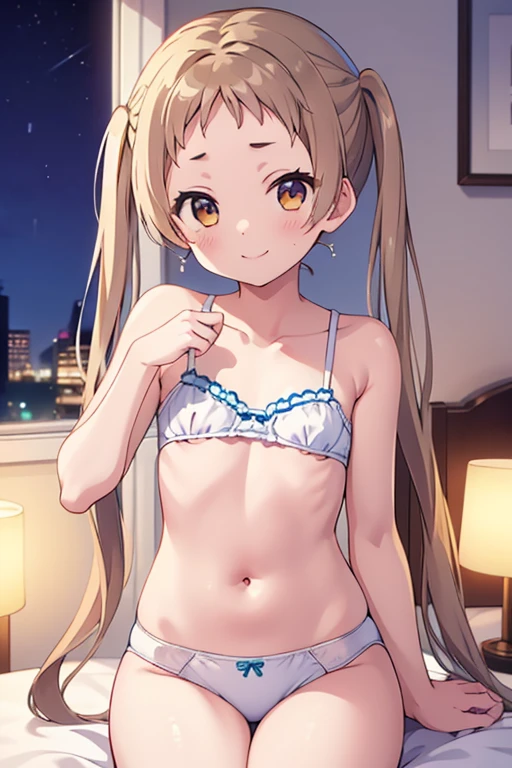 (Highest quality、masterpiece)、One Girl、alone、ultra hi resolution picture、Bright colors、Light on the face、Depth of written boundary、Detailed Background、cute、Straight、smile、View your viewers、indoor、night、Small breasts、Twin tails、Sanae Dekomori、Bedroom、In underwear、Child body type
