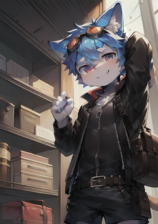 A light blue,Anthropomorphic male cat with predominantly white color,Reddish iris,Age 13~Between ,Height is 1.75m up and down。Steel wrench in hand,Bend your arms and raise them above your head,Wearing a steampunk goggles on his head,But not in front of eyes,Wear a leather coat(The zipper is completely unfastened),Wear shorts on the lower body。Waist tool bag,There is a special pattern on the forehead(Pattern content:The gear and the axle of the wrench are tightly connected)。His smile showed that he was a little tired.。The background is his invention studio,There are many mechanical equipment,The color tone is mainly warm tones,Use cute style