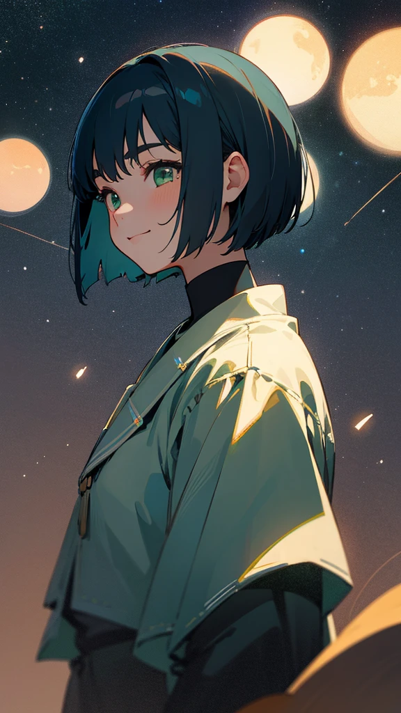 1 girl、masterpiece、Highest quality、detailed、Stage lighting、Spot lighting、Starry Sky、ht、Anime style painting、Hard Edge、Soft Surface、smile、profile、Upper body close-up、Dark blue hair、Short Bob Cut、Straight hair、Green Eyes