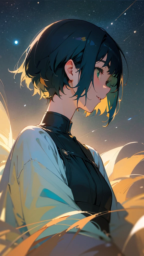 1 girl、masterpiece、Highest quality、detailed、Stage lighting、Spot lighting、Starry Sky、night、Anime style painting、Hard Edge、Soft Surface、smile、profile、Upper body close-up、Dark blue hair、Short Bob Cut、Straight hair、Green Eyes