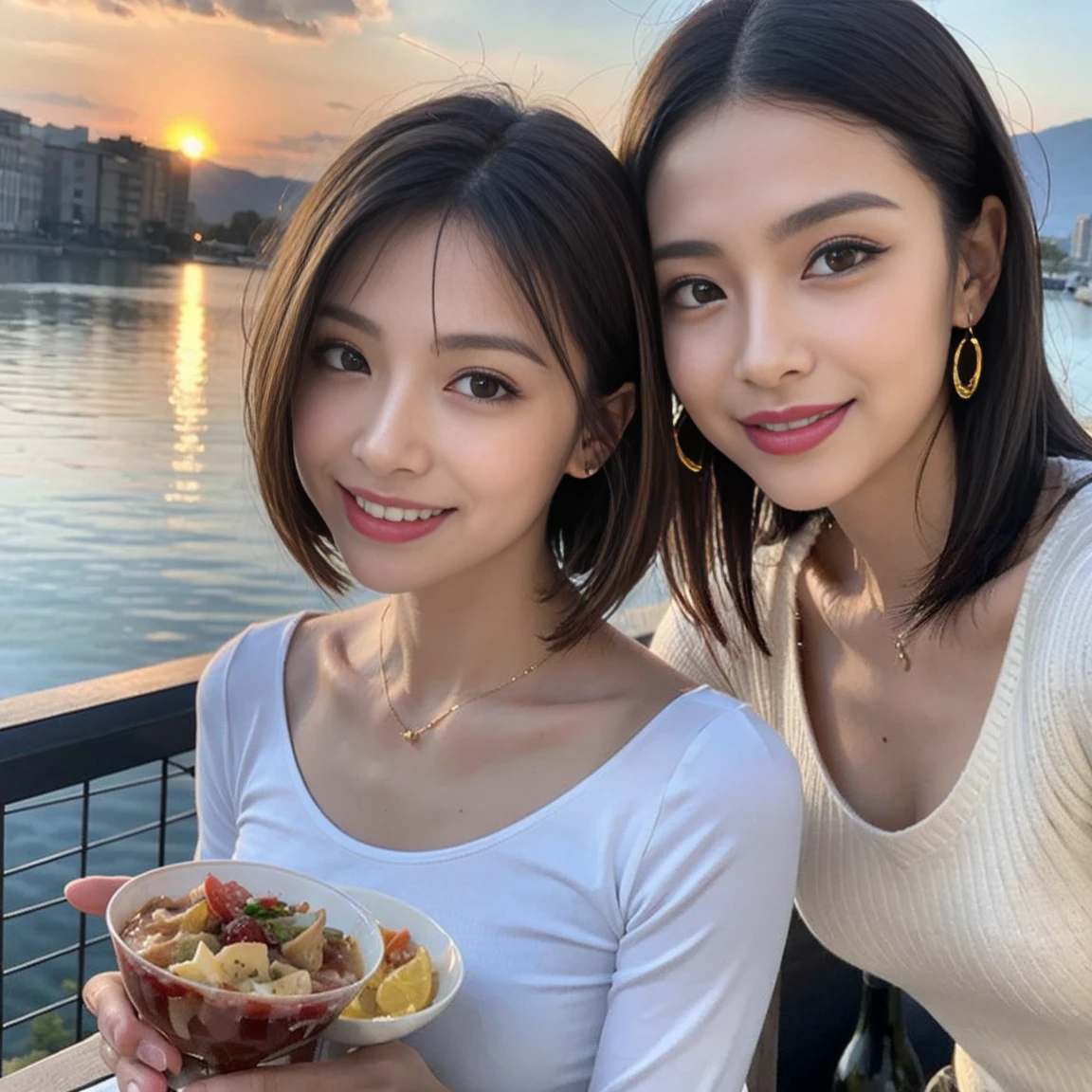 (Realistic:1.1),(masterpiece,Highest quality),8k,(49 years old), 53 years old, ベリーslimボディ、slimカップル、Tight waist,Upper Body,full-course dinner、wine 、Amazing view of the sunset sky and clouds、Perfect Anatomy, Brown Hair, short hair,Random Hairstyles,((Highly detailed face and eyes:1.2)),Perfect golden ratio face,Long sleeve shirt、dress,(smile:1.2)、Shortcuts、cute、(Realistic, Intricate details:1.2), A bright smile、short hair,Bright Face、赤wine 、Appetizers、Italian food、wine bottle、Champagne、スパークリングwine、(slimな顔), (The body is slim), (Brown Hair), (Shortcuts), Upper Body, 白wine, slim, wineグラス,