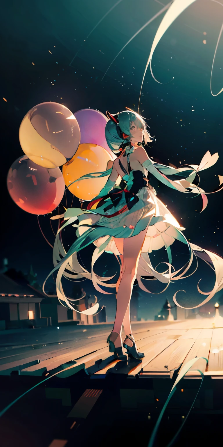 (masterpiece:1.2, high quality), (pixiv:1.4),Volumetric Lighting, Backlight, night, singer, balloon, on stage