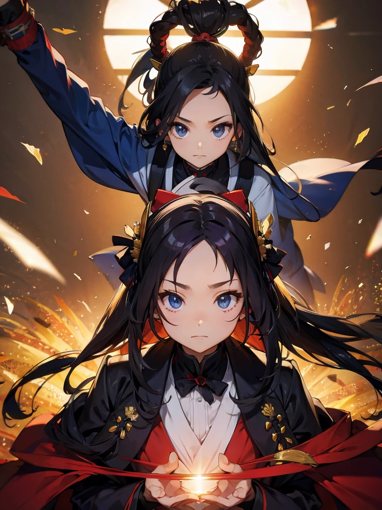 Center Parting、juvenile、Samurai's Son、High resolution, smile, Face up black hair, Purple Eyes、Round eyebrows、boy