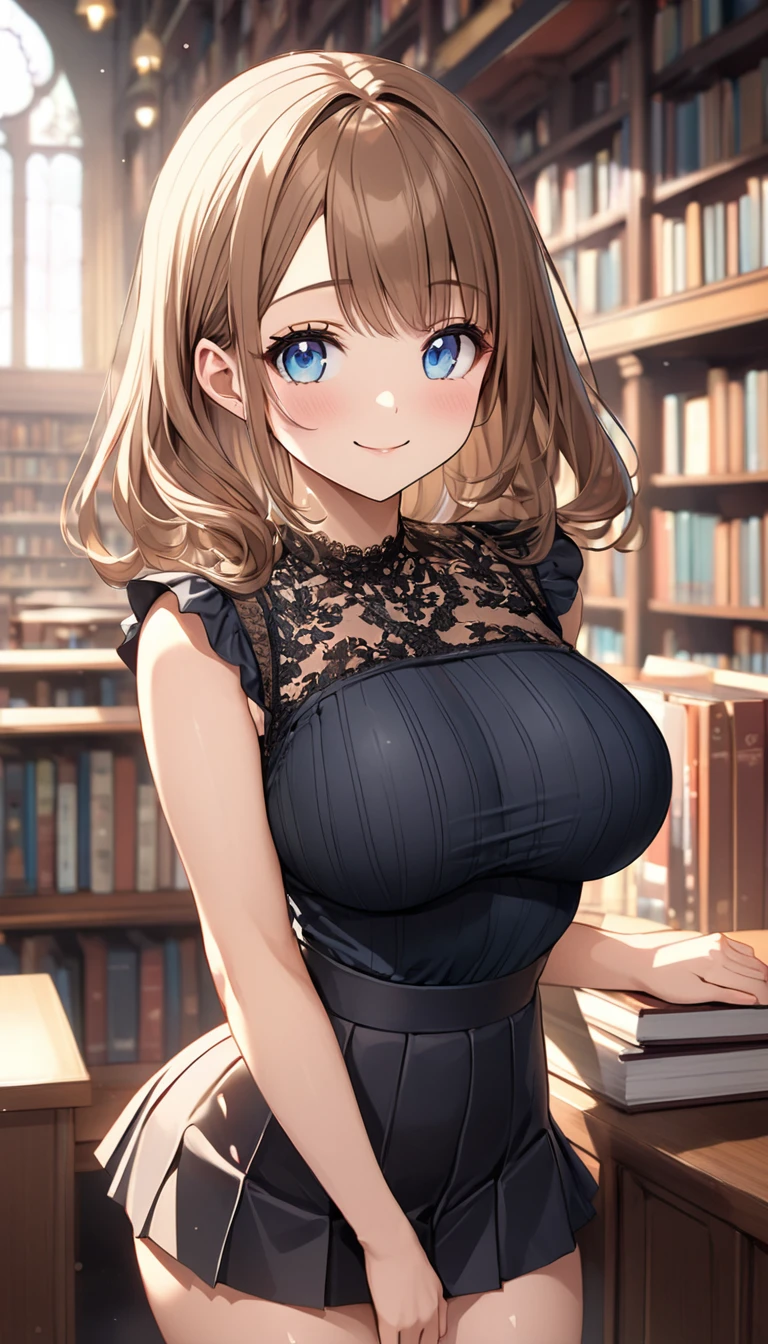 masterpiece, Highest quality, Very detailed, ,The finer details, Anime Style, One Girl, 22 years old, Cute Face、bangs, Large Breasts、Big Ass、Tight waist、Cowboy Shot, front、Long brown hair、Beautiful Eyes、Light blue eyes, Shiny Hair, Look at the photographer、 とってもCute Face, smile、Cute and sexy poses, arched back, Pleated skirt, Lace top, At a stylish library in the city、Shallow depth of field