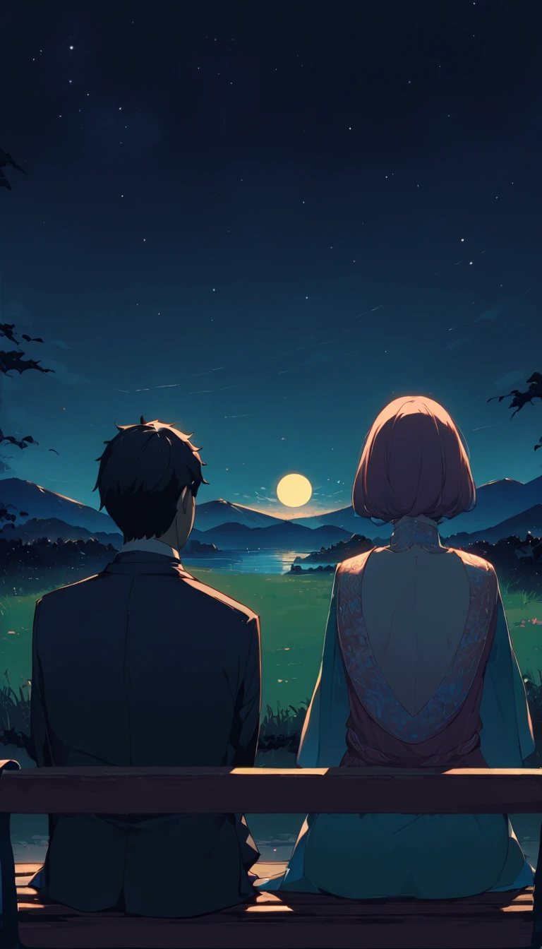 (((Man and woman sitting on bench:1.5)))、Highest quality、masterpiece、Beautiful landscape painting、night、Night Time、(((nightの公園のTwo people sitting on a benchの男女:1.2、Two people sitting on a bench)))、(((Back viewの男女、Two people standing close together)))、Back view、美しいBack view、Back view、dark、full moonのnight、full moon、nightのベンチ、Meiji era costumes、Back viewの二人、Long Shot、Full body angle、dark照明、moonlight、