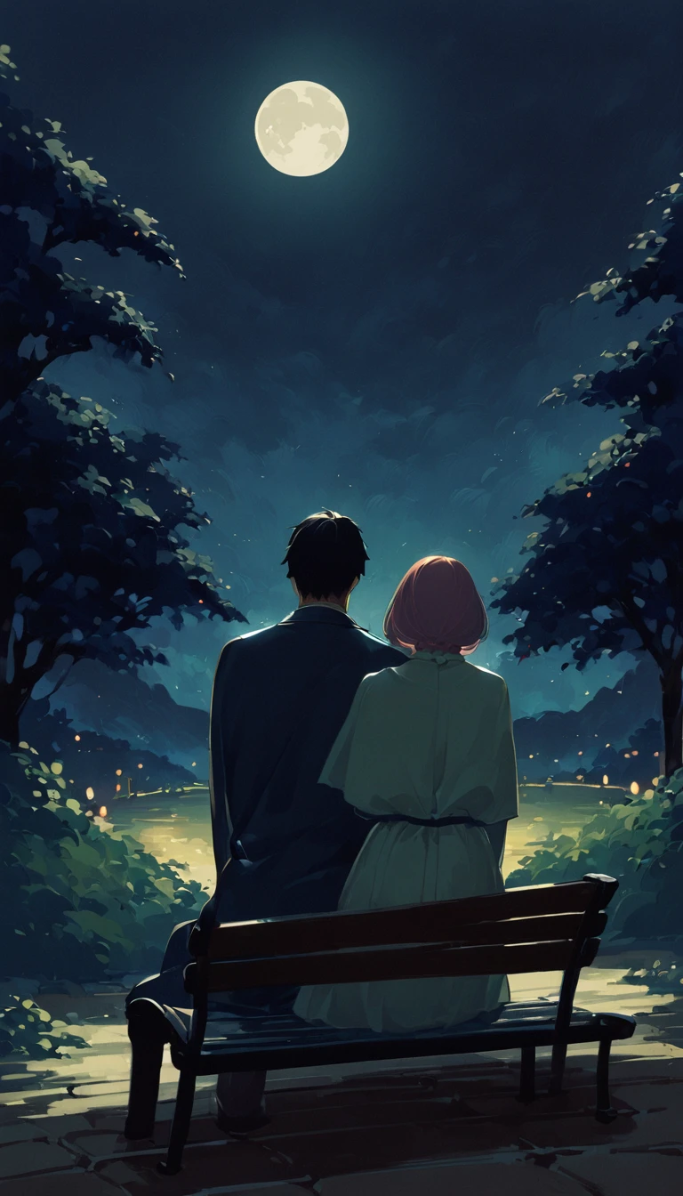 (((Man and woman sitting on bench:1.5)))、Highest quality、masterpiece、Beautiful landscape painting、night、Night Time、(((nightの公園のTwo people sitting on a benchの男女:1.2、Two people sitting on a bench)))、(((Back viewの男女、Two people standing close together)))、Back view、美しいBack view、Back view、dark、full moonのnight、full moon、nightのベンチ、Meiji era costumes、Back viewの二人、Long Shot、Full body angle、dark照明、moonlight、