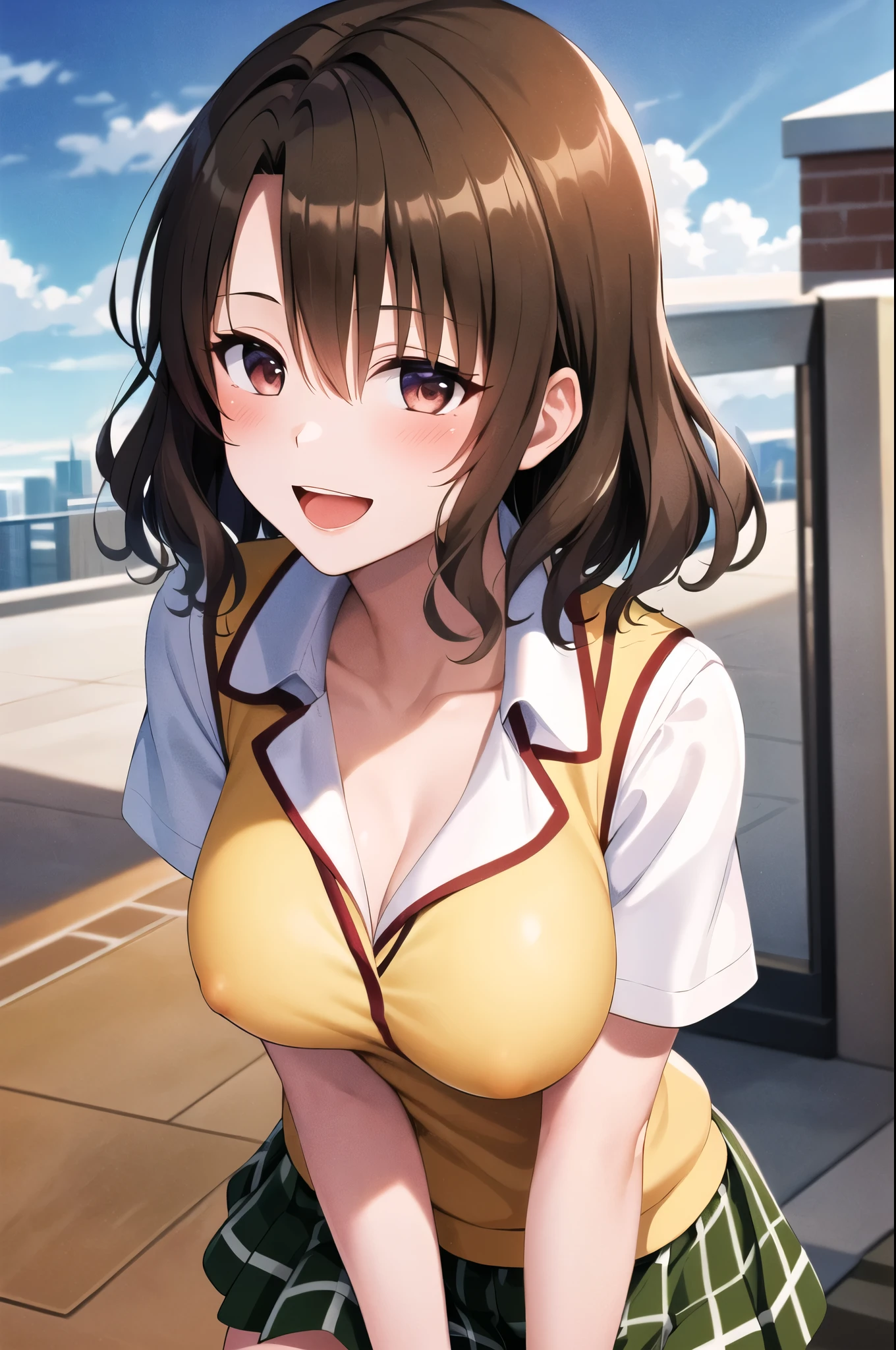 masterpiece, best quality, highres, 1girl, solo, short hair, brown hair, brown eyes, breasts, collarbone, school uniform, collared shirt, white shirt, sweater vest, (yellow vest:1.1), short sleeves, plaid skirt, green skirt, standing, rooftop, outstretched arms, smile, open mouth, city, wind,(super fine illustration,8K CG wallpaper,best quality,extremely detailed,ultra high res,best aesthetic),(cowboy shot,chest focus),(1 girl,teenage,beautiful girl,cute girl),(detailed beautiful face,beautiful black eyes,beautiful black hair),(blush),(saggy breast,perfectly shaped areola),(pajamas),((expose breast,breast out)),(all-fours),(bedroom)