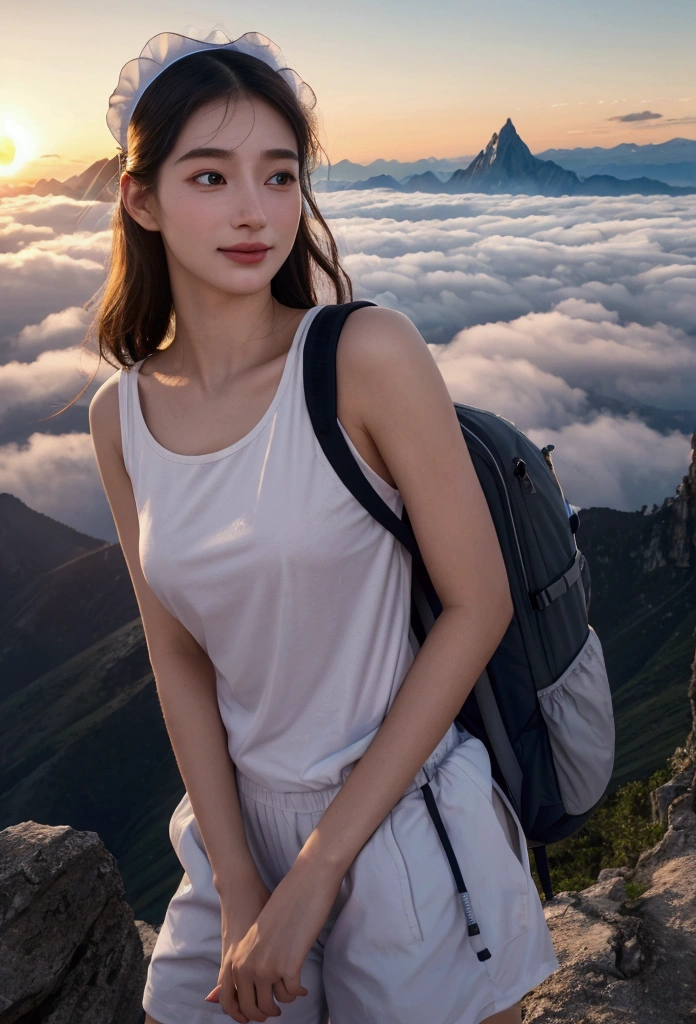 (best quality, surreal photo), Majestic mountains, sea of clouds, woman watching the sunset, selfie, ((upper body)), white t shirt, trekking shorts, Trekking boots, hiking backpack, (very delicate face, Super Beautiful Maid, very delicate eyes, very detailed nose, very detailed mouth, Highly detailed facial features), beauty, 18 years old, Smiling happily