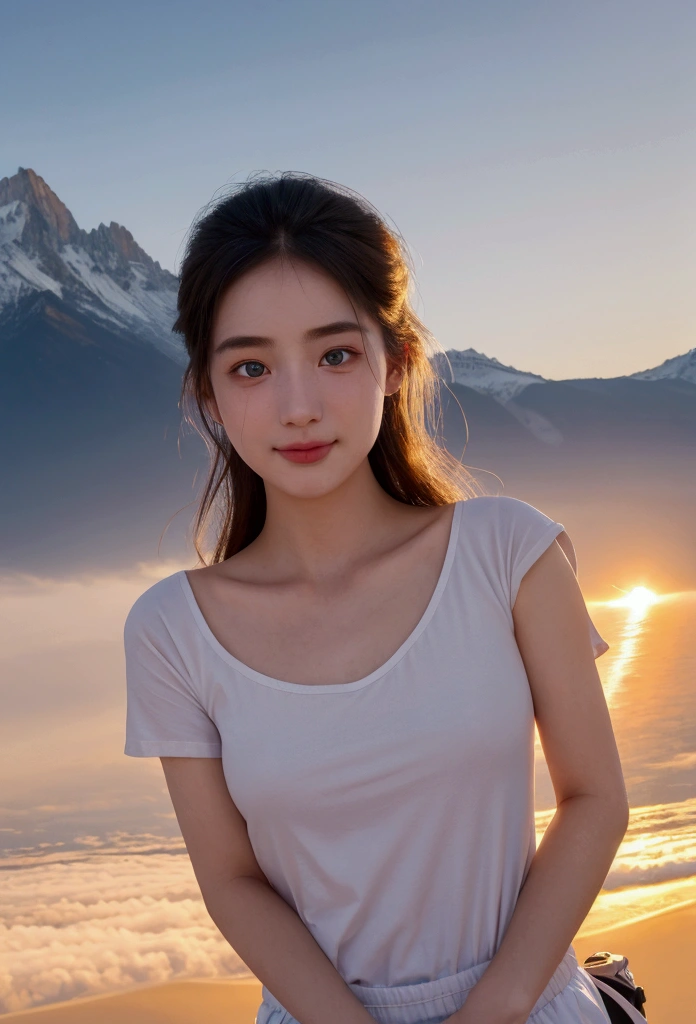 (best quality, surreal photo), Majestic mountains, sea of clouds, woman watching the sunset, selfie, ((upper body)), white t shirt, trekking shorts, Trekking boots, hiking backpack, (very delicate face, Super Beautiful Maid, very delicate eyes, very detailed nose, very detailed mouth, Highly detailed facial features), beauty, 18 years old, Smiling happily