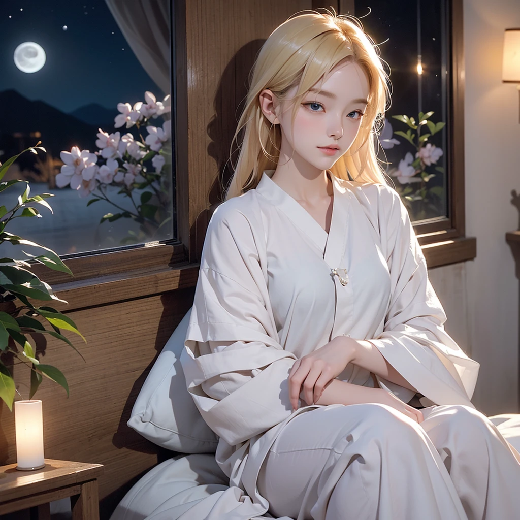 In a serene, Long blonde woman sleeping on bed in bedroom. Her Eyes, Quietly closed, 部屋のAn air of silence. outside, From a nearby window, Appearance。 (Night Moon), Painting the world with a gentle glow, Midnight Dawn. internal, The room is dimly lit, (Dim lighting) aura, Enveloped in the silence of the moonlight. This atmosphere, Accompany (Gentle night air), Quietly flowing around, Enveloping a woman wrapped in a cocoon of silence、Rest in peace、An air of silence