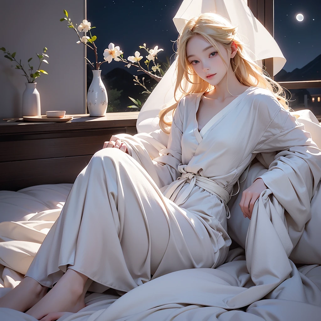 In a serene, Long blonde woman sleeping on bed in bedroom. Her Eyes, Quietly closed, 部屋のAn air of silence. outside, From a nearby window, Appearance。 (Night Moon), Painting the world with a gentle glow, Midnight Dawn. internal, The room is dimly lit, (Dim lighting) aura, Enveloped in the silence of the moonlight. This atmosphere, Accompany (Gentle night air), Quietly flowing around, Enveloping a woman wrapped in a cocoon of silence、Rest in peace、An air of silence