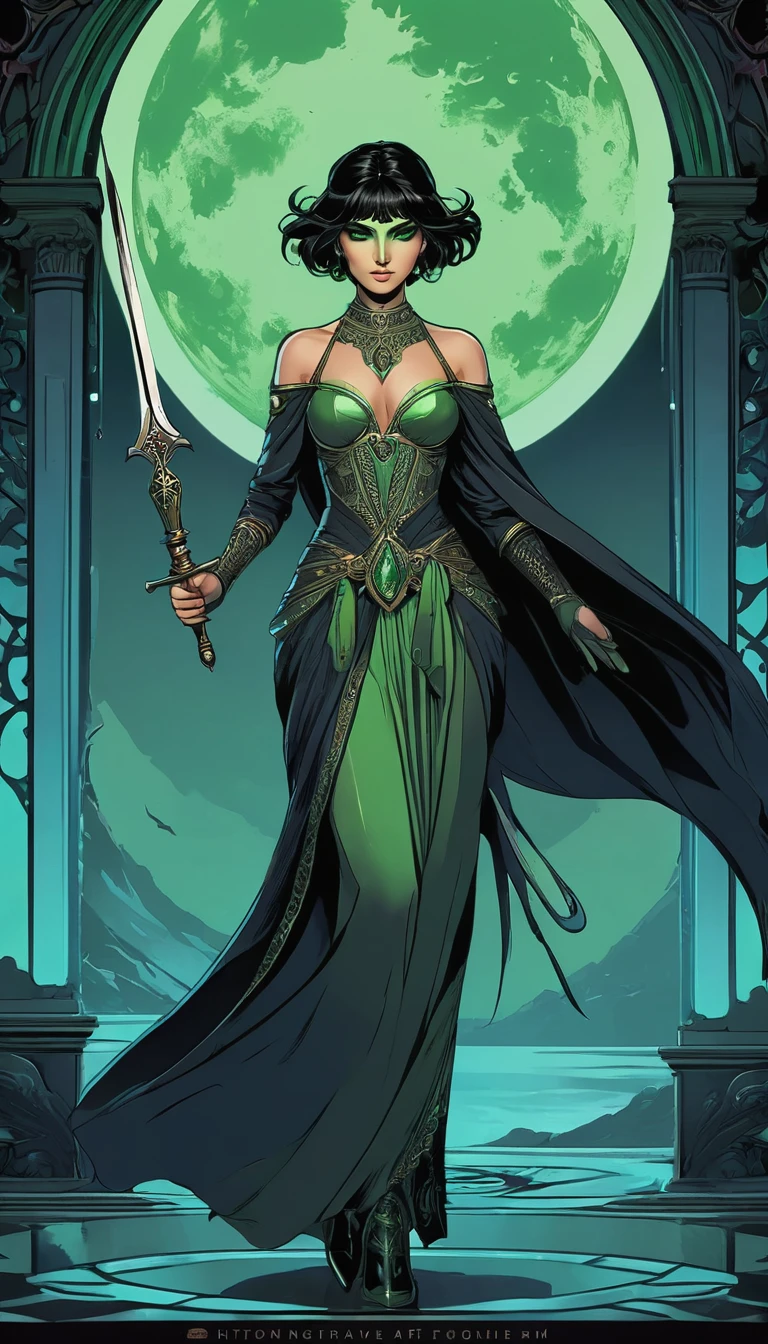 mysterious border, light skinned desi young adult woman in rogue clothing with short black straight hair parted to a side, she has green eyes, no makeup, she is holding a black dagger, she is standing in front of a black moon with a background of darkness, good anatomy, dynamic pose, good proportions, modern style, vector, highly detailed, intricate, masterpiece, realistic, professional, Dark Fantasy, d&d,(centered), (well framed), vector-art, gradient color, detailed, realistic, professional art masterpiece, (Art Nouveau), Illustration by Alphonse Mucha, (vector-art:1.1) Negative prompt