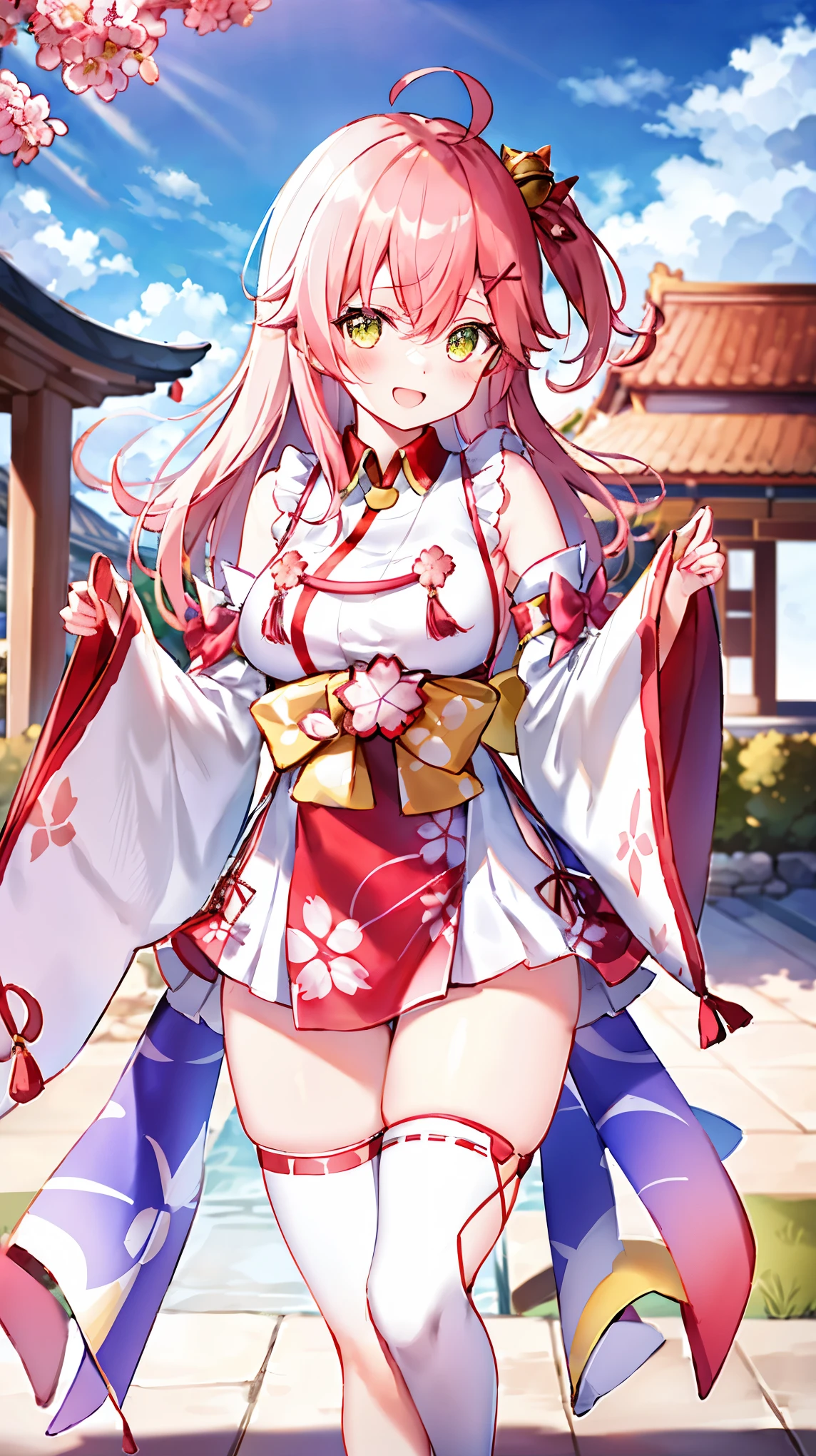 masterpiece, best quality, highres, miko1, sakura_miko, 1girl, big_boobs, solo, ahoge, x_hair_ornament, pink_hair, floral print, hairclip,(side_less_clothes:1.5), (side_boobs:1.5), hair_bell, floral print, long_hair, hair between eyes, one side up, white thighhighs, asymmetrical legwear, wide sleeves, open_mouth,(happy:1.3),gleen_eyes,big_smile,(rise_leg:1.3),plump,apart_legs,(overly_long_sleeves:1.3),),sleeves_past_wrists,hands_hidden_sleeves,sidelock_clothes,dynamic_posing,solo,hidden_wrists,(XD:1.4),covered_nipples,sunlight,cherryblossom_temple_landscape_background,