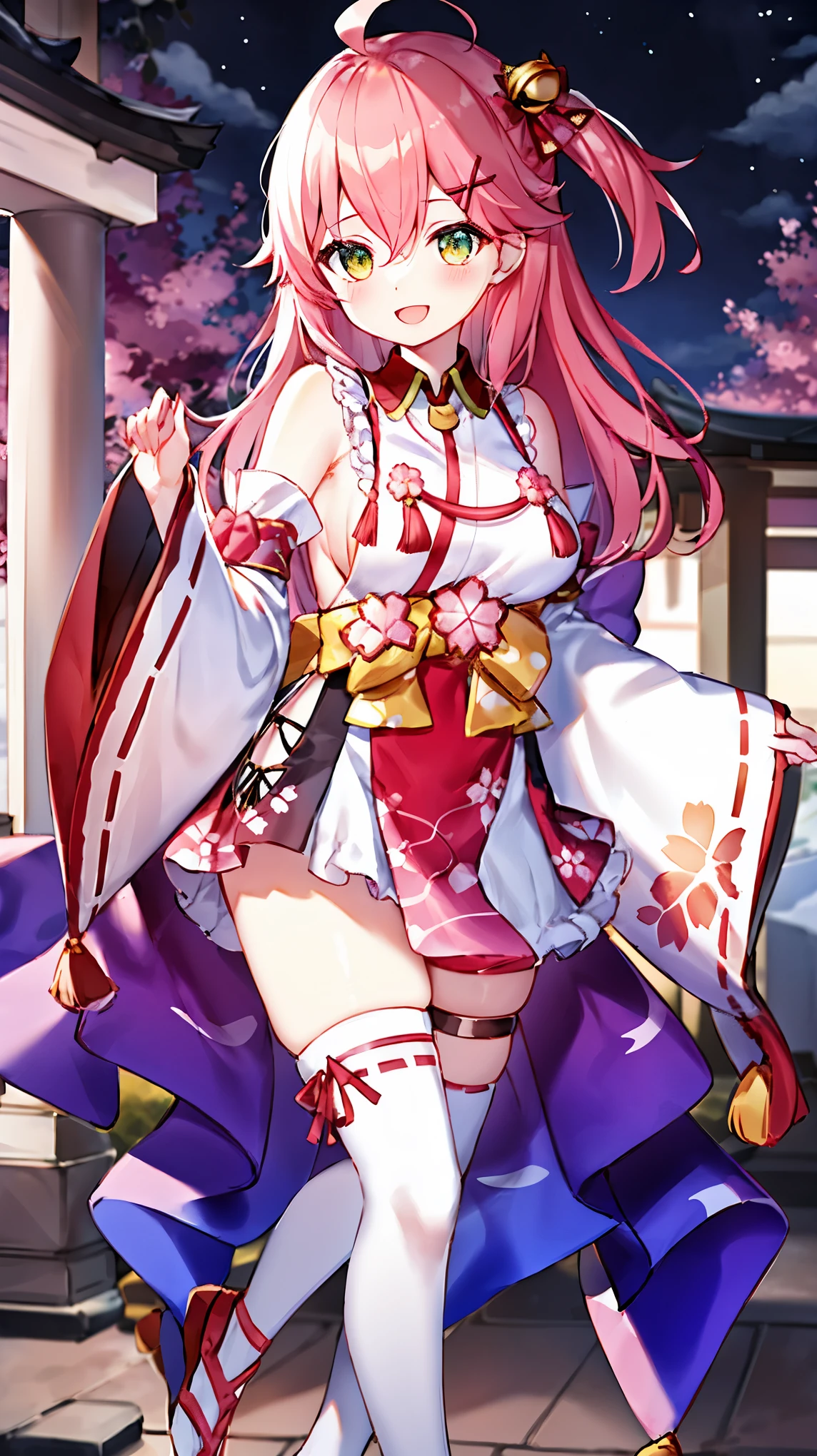 masterpiece, best quality, highres, miko1, sakura_miko, 1girl, big_boobs, solo, ahoge, x_hair_ornament, pink_hair, floral print, hairclip,(side_less_clothes:1.5), (side_boobs:1.5), hair_bell, floral print, long_hair, hair between eyes, one side up, white thighhighs, asymmetrical legwear, wide sleeves, open_mouth,(happy:1.3),gleen_eyes,big_smile,(rise_leg:1.3),plump,apart_legs,(overly_long_sleeves:1.3),),sleeves_past_wrists,hands_hidden_sleeves,sidelock_clothes,dynamic_posing,solo,hidden_wrists,(XD:1.4),covered_nipples,sunlight,cherryblossom_temple_landscape_background,