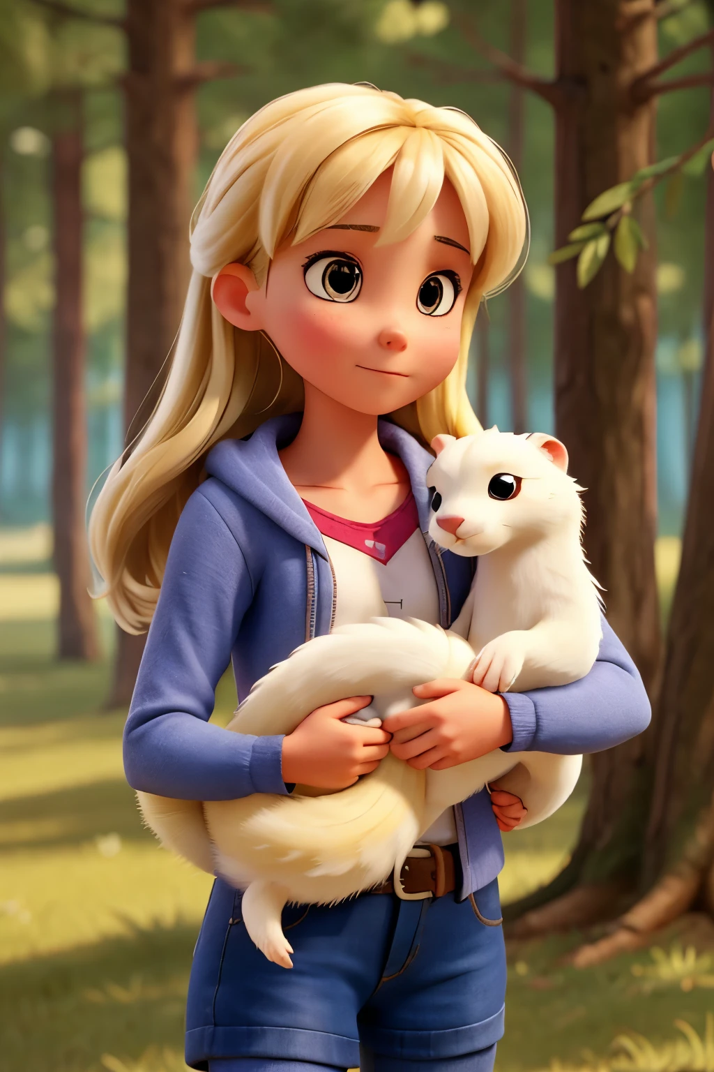 The girl holds a white weasel in her arms.