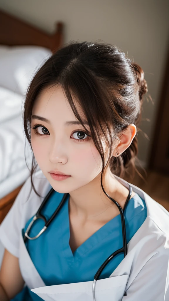 Highest quality, Realistic, Very detailed, High resolution, 8k wallpaper, RAW Photos, Professional photography, Written boundary depth, 1 female, (Ultra detailed face), (Extremely detailed pupils), ((Looking into the camera)),nurse, Sitting on a bed in a hospital room、nurse、