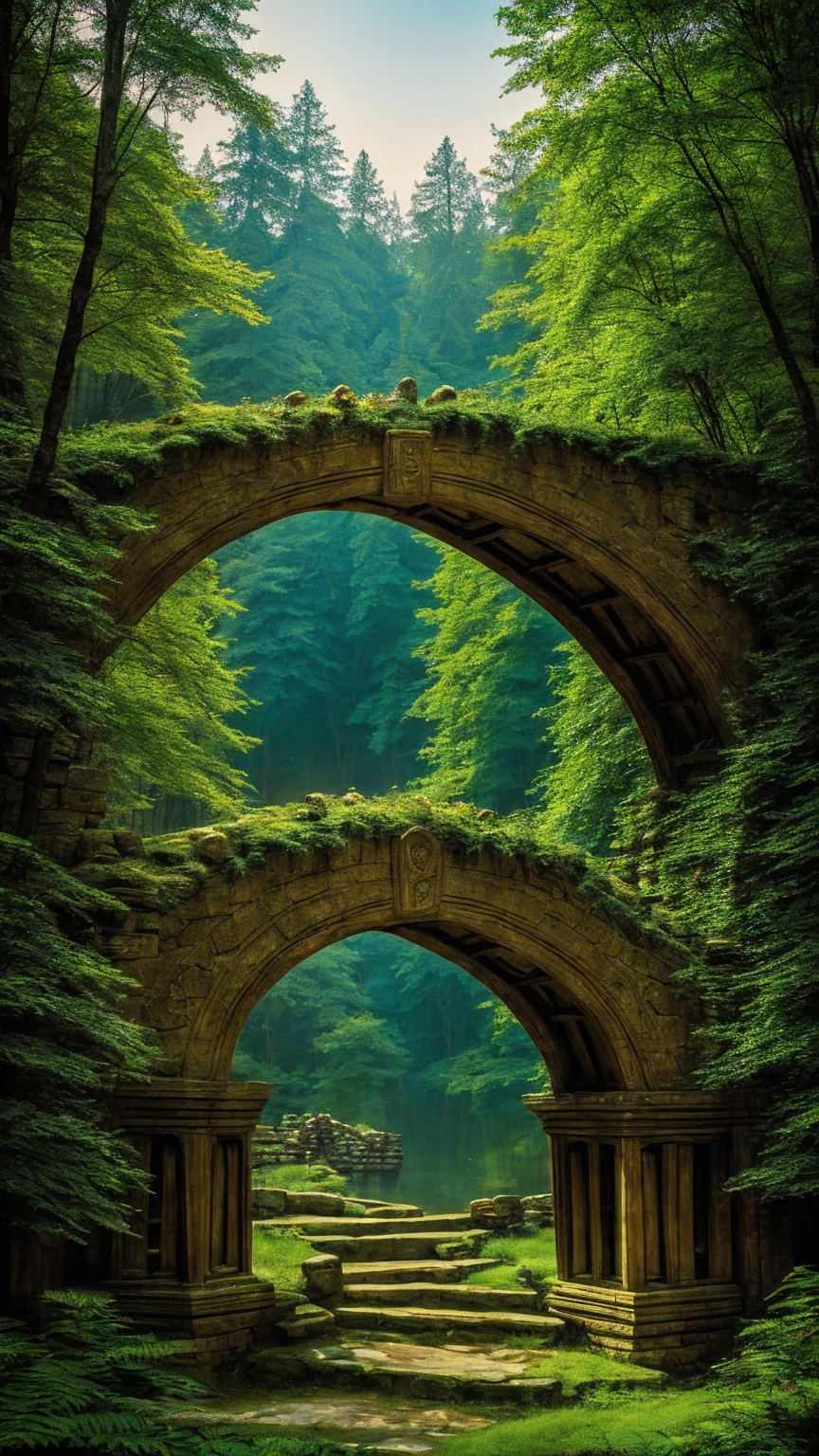 A bridge the land of elves in the middle of the forest with beautiful ancient buildings, fantasy feel, firefly light 