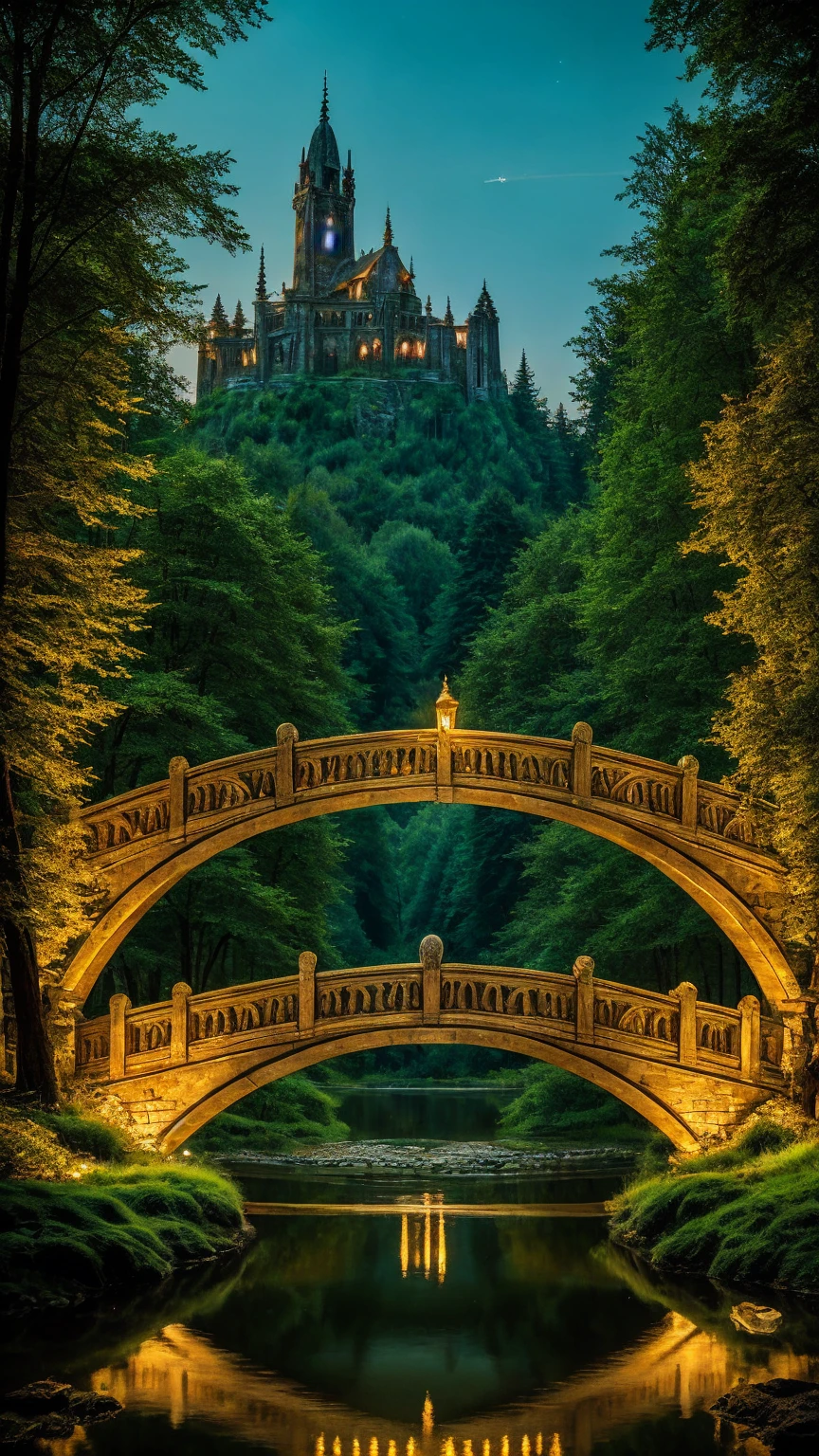 A bridge the land of elves in the middle of the forest with beautiful ancient buildings, fantasy feel, firefly light