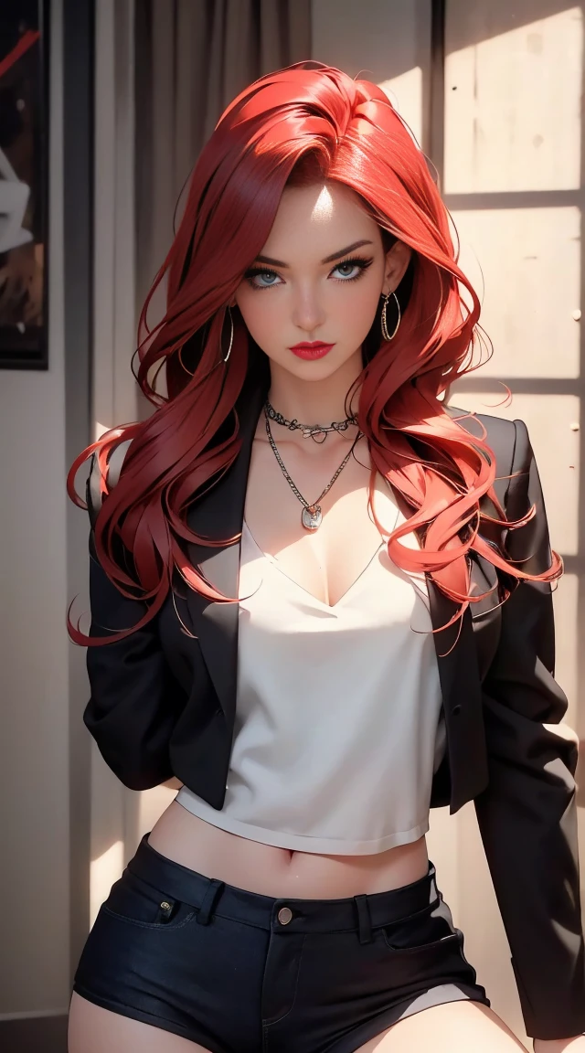 1 beautiful woman, 20 years old, bright red hair, pale white skin (realistic skin details, realistic skin), bright blue eyes (very detailed and vivid eyes), red lips, makeup, necklace, earrings, choker, accessories, perfect body , perfectly round butt, naked, looking at viewer, sexy pose, (perfect hands), (hands with 5 fingers), (masterpiece), (Photorealistic), (8K), (realistic lighting),