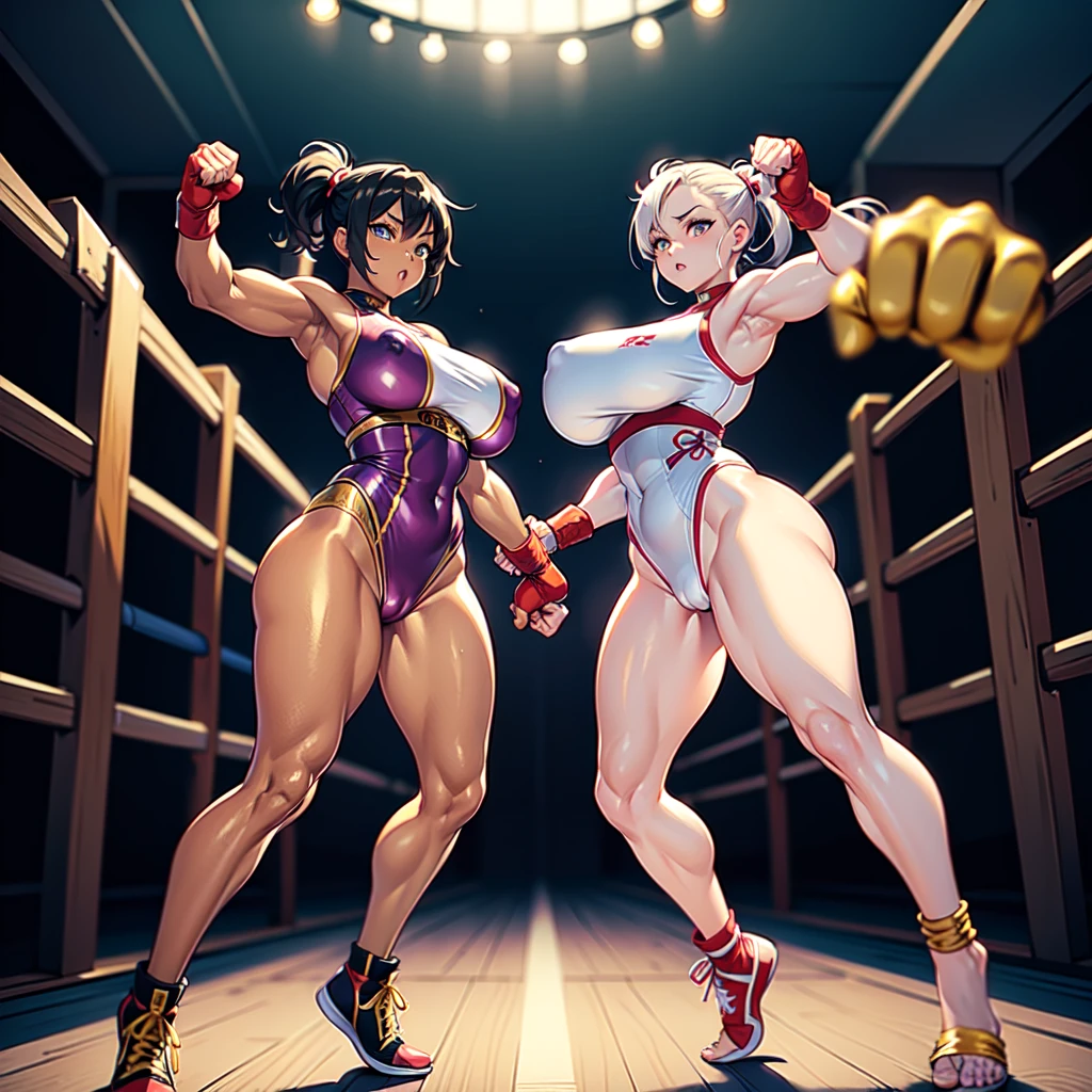 Mike tyson style fighting pose , Good human art , Pixel Boxing style , Fullbody drawing , Fisting each other , NSFW , oversized oppai , boxing rings , Wear large boxing gloves In both hands ,Wear It is embroidered in gold Highleg athletic outfit, Celeblity.