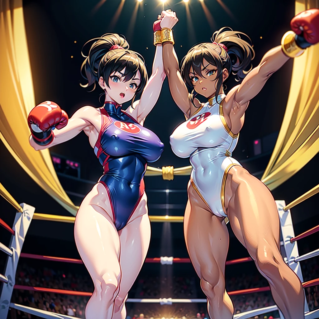 Mike tyson style fighting pose , Good human art , Pixel Boxing style , Fullbody drawing , Fisting each other , NSFW , oversized oppai , boxing rings , Wear large boxing gloves In both hands ,Wear It is embroidered in gold Highleg athletic outfit, Celeblity.
