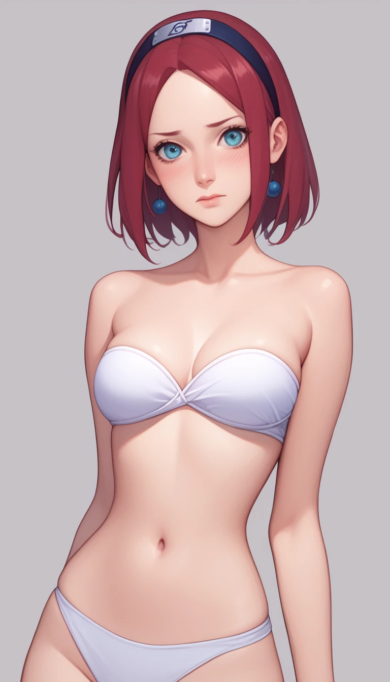 beautiful sakura haruno, with medium breast, lean body, thick waist, wearing strapless bikini, looking at viewer, embarrassed, looking straight to the viewer,